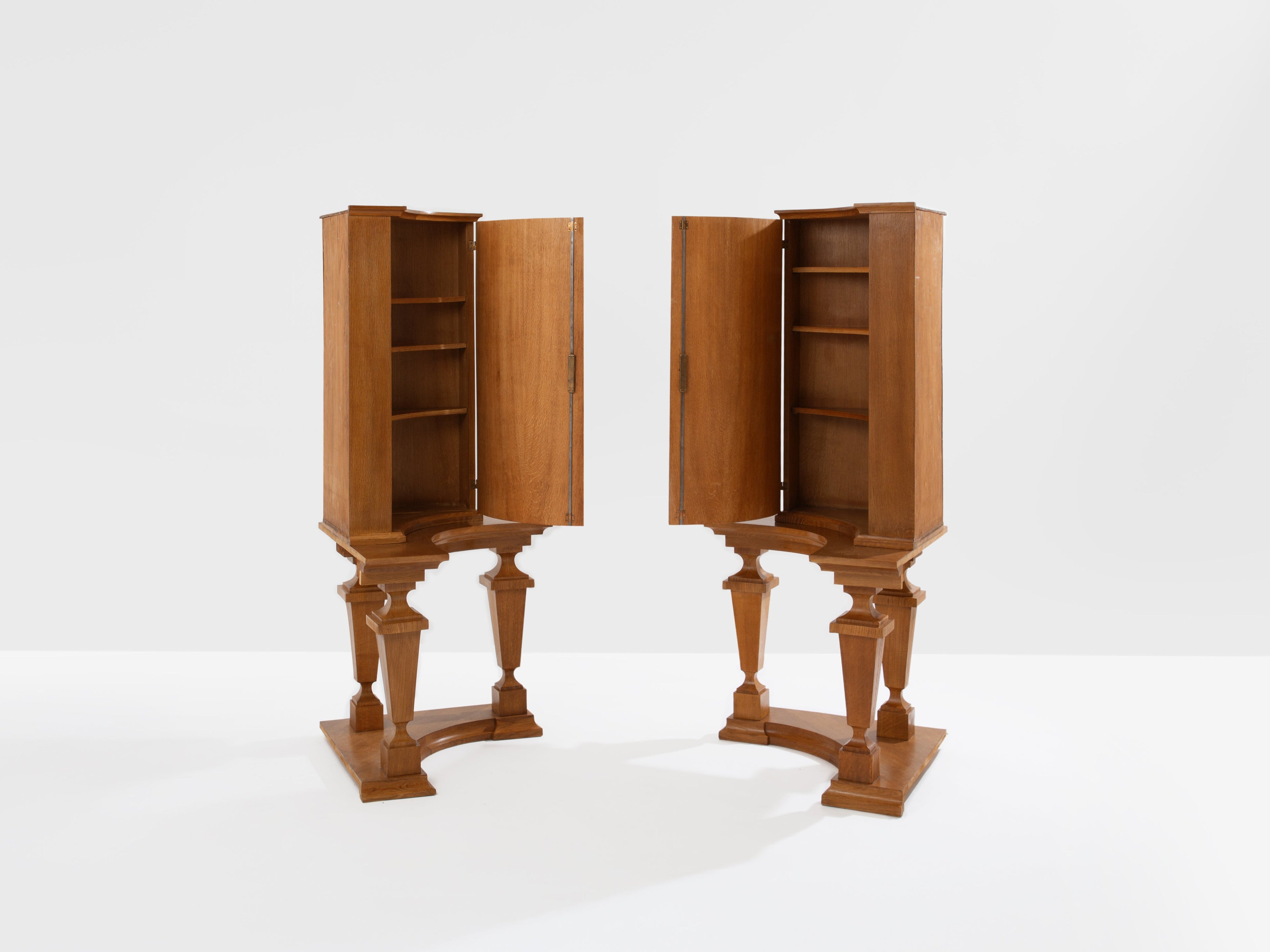 André Arbus attr. pair of corner cabinets oak veneer and bronze 1940s