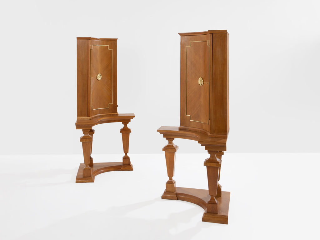 André Arbus attr. pair of corner cabinets oak veneer and bronze 1940s