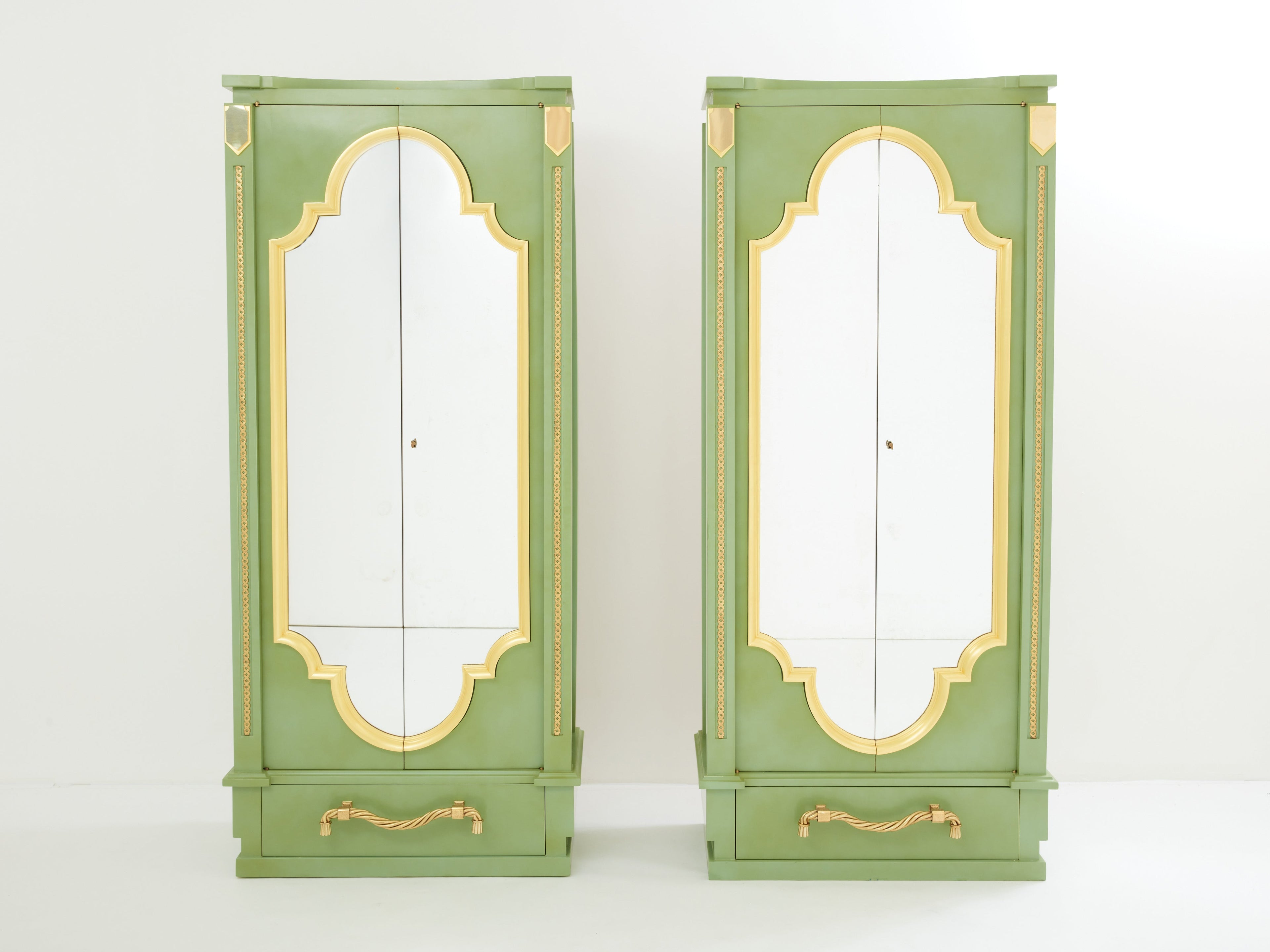 André Arbus pair of celadon green lacquered wardrobes gilt brass 1930