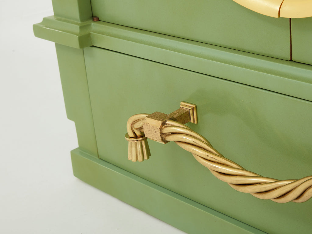 André Arbus pair of celadon green lacquered wardrobes gilt brass 1930