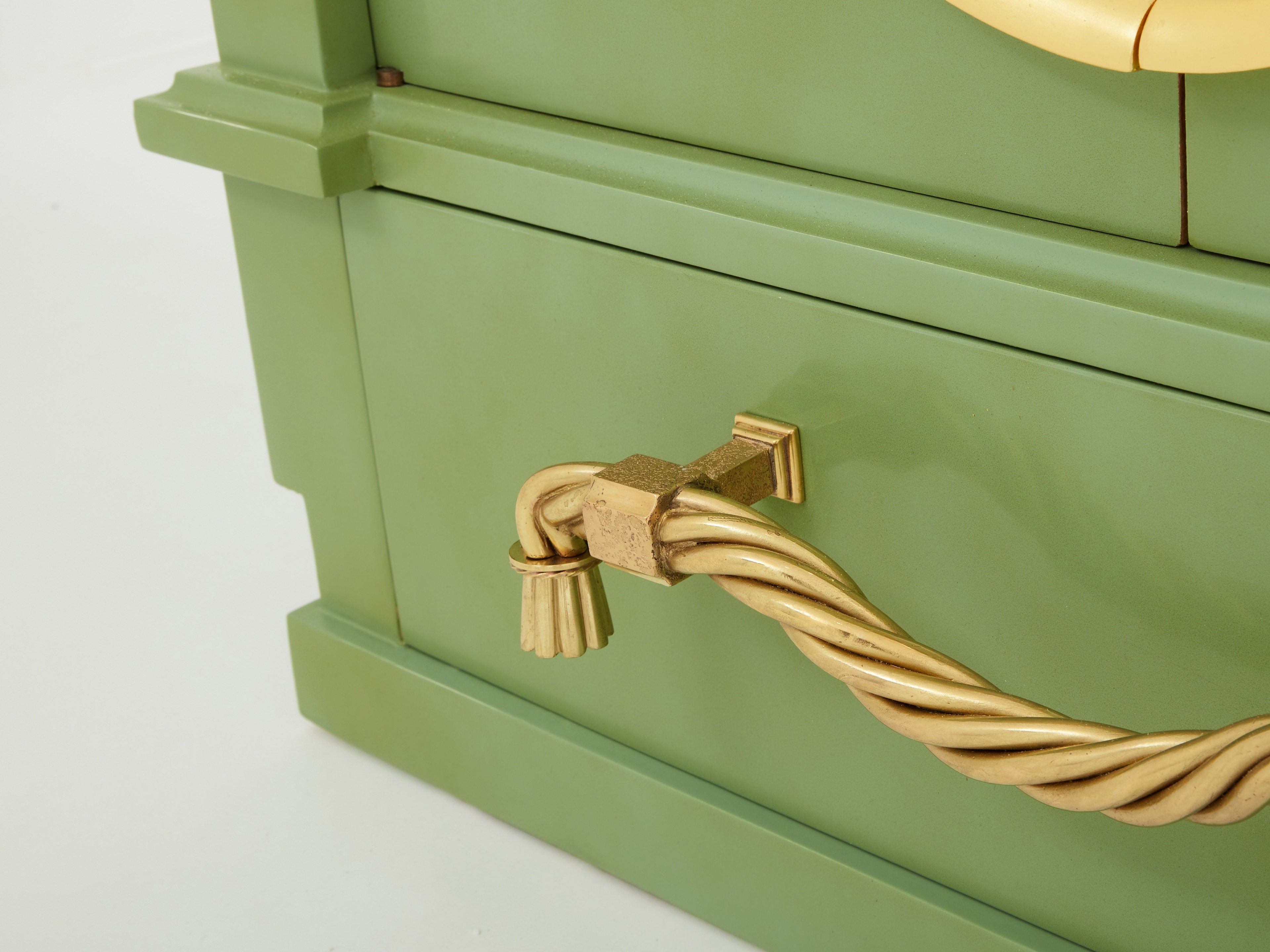 André Arbus pair of celadon green lacquered wardrobes gilt brass 1930