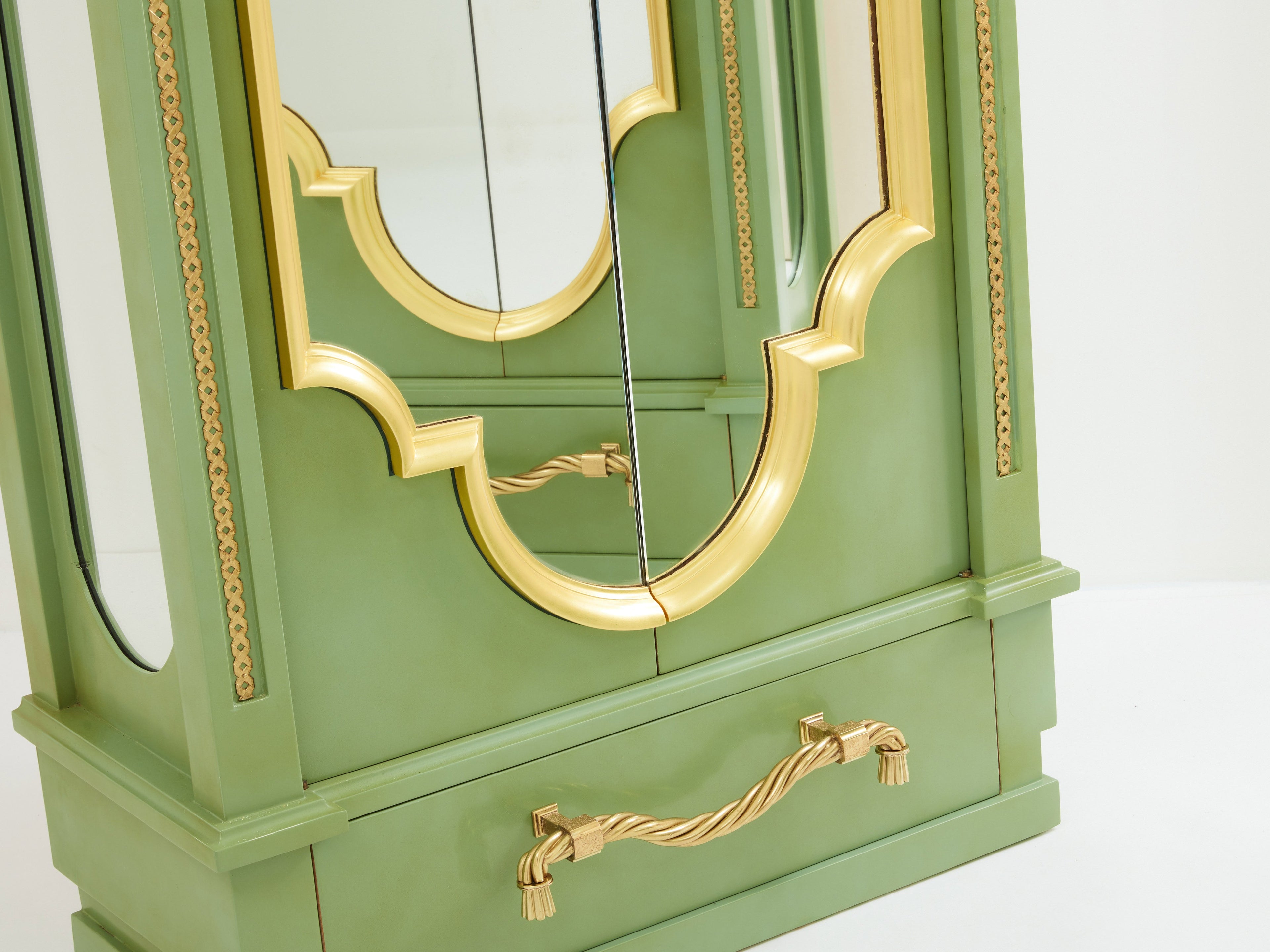 André Arbus pair of celadon green lacquered wardrobes gilt brass 1930