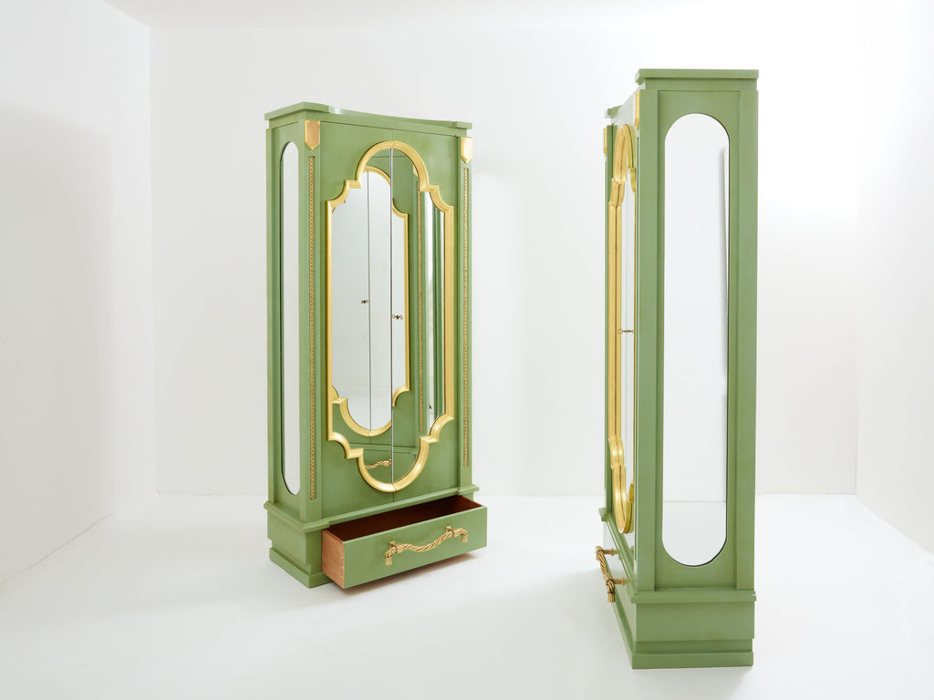 André Arbus pair of celadon green lacquered wardrobes gilt brass 1930