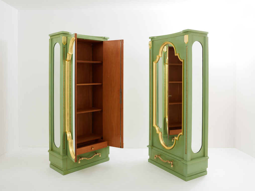 André Arbus pair of celadon green lacquered wardrobes gilt brass 1930