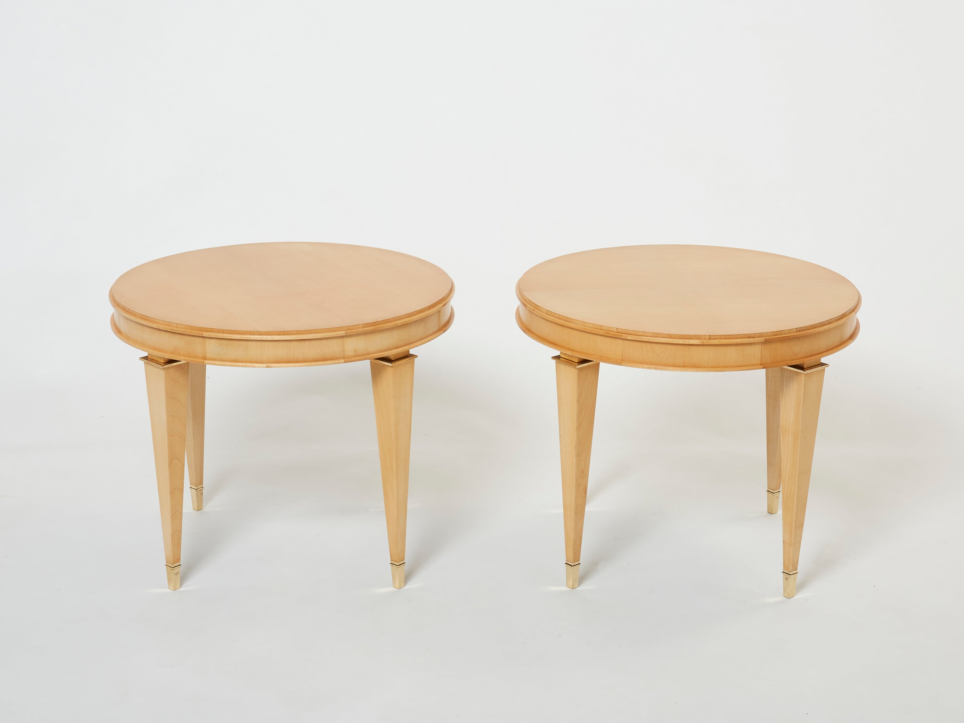 André Arbus pair of sycamore brass neoclassical gueridon tables 1940s