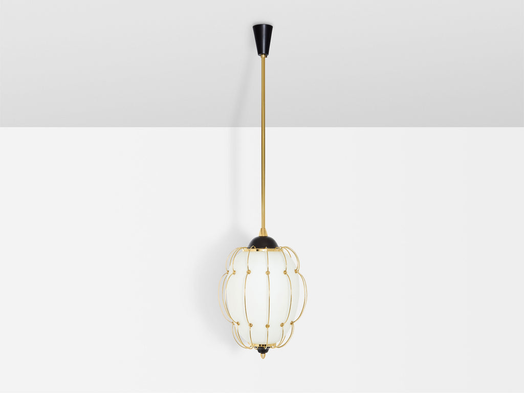 Angelo Lelii for Arredoluce opaline glass brass metal chandelier 1958