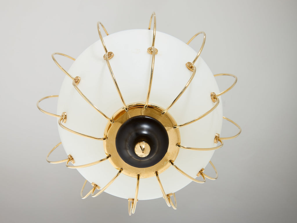 Angelo Lelii for Arredoluce opaline glass brass metal chandelier 1958