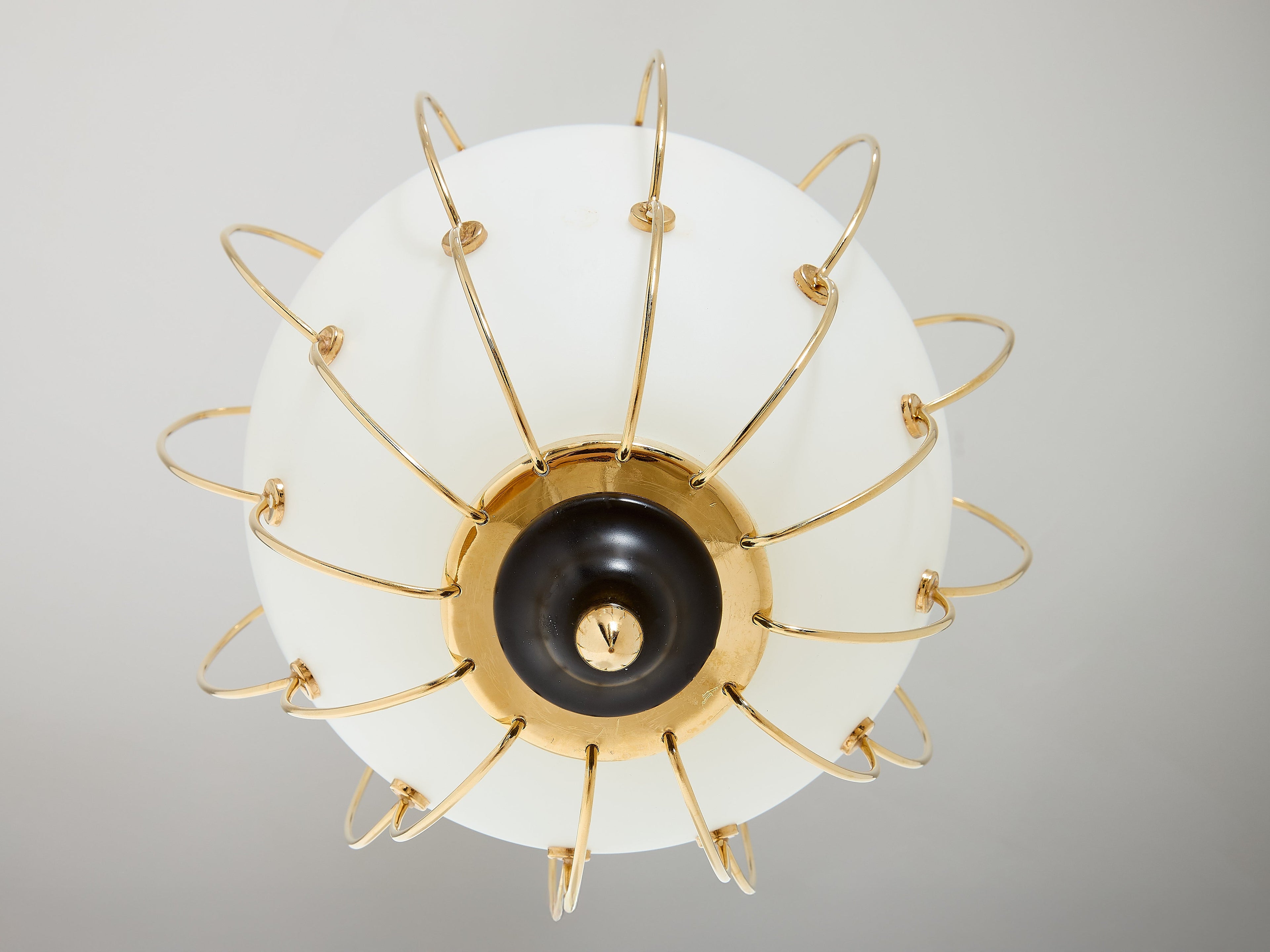 Angelo Lelii for Arredoluce opaline glass brass metal chandelier 1958