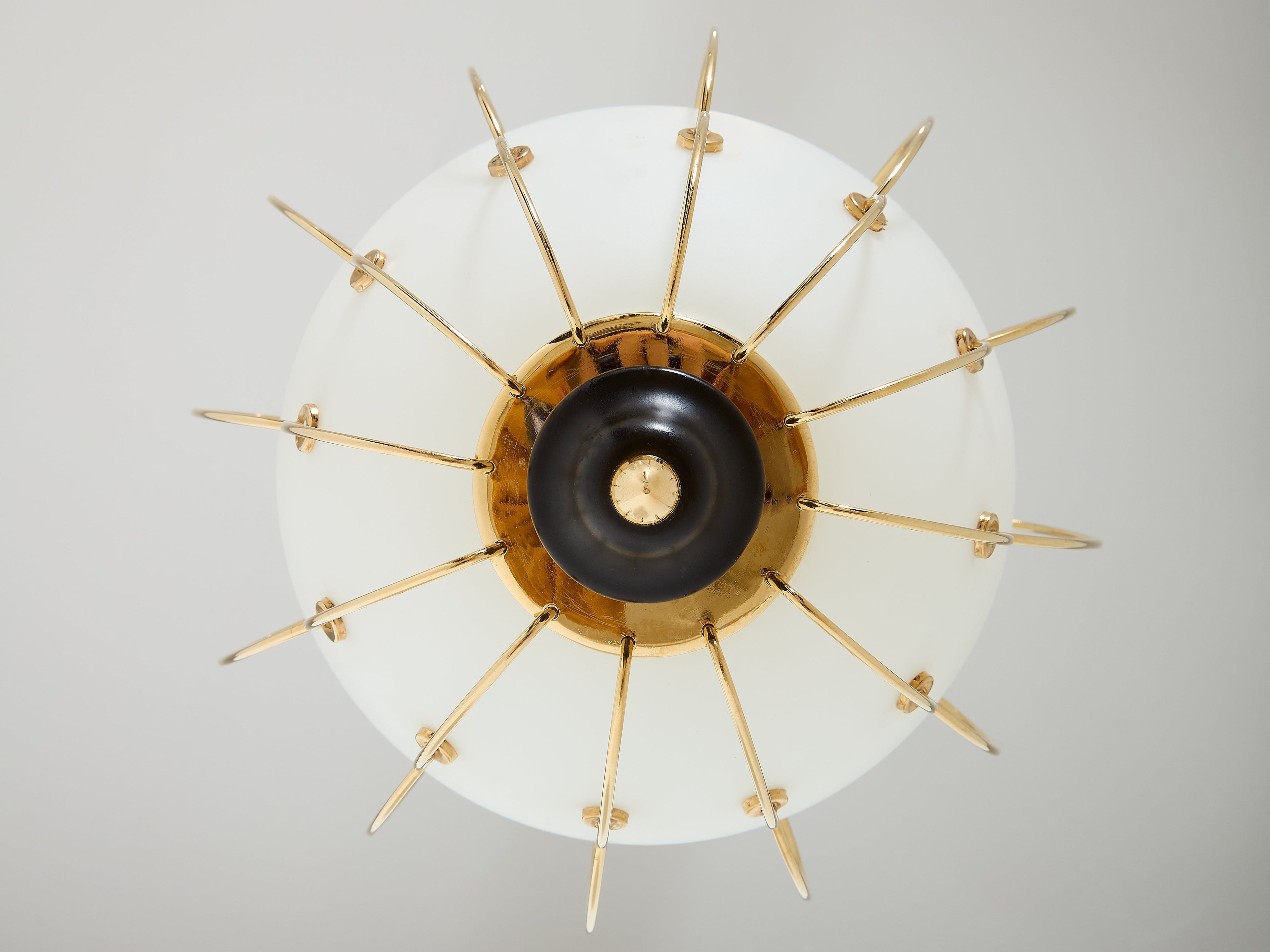 Angelo Lelii for Arredoluce opaline glass brass metal chandelier 1958