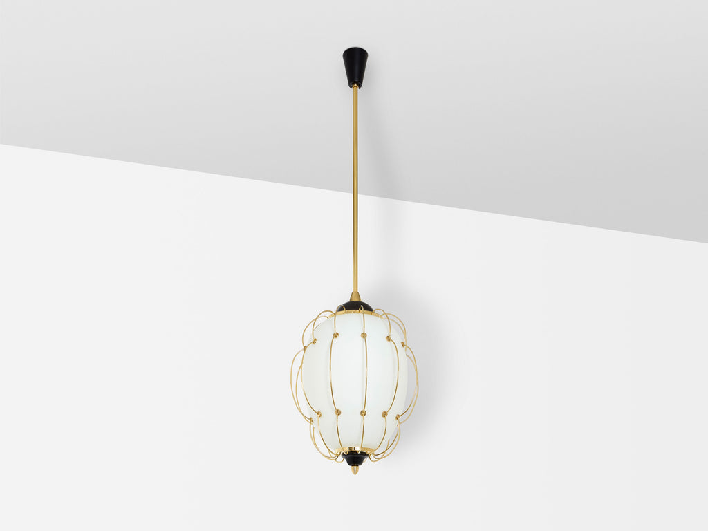 Angelo Lelii for Arredoluce opaline glass brass metal chandelier 1958