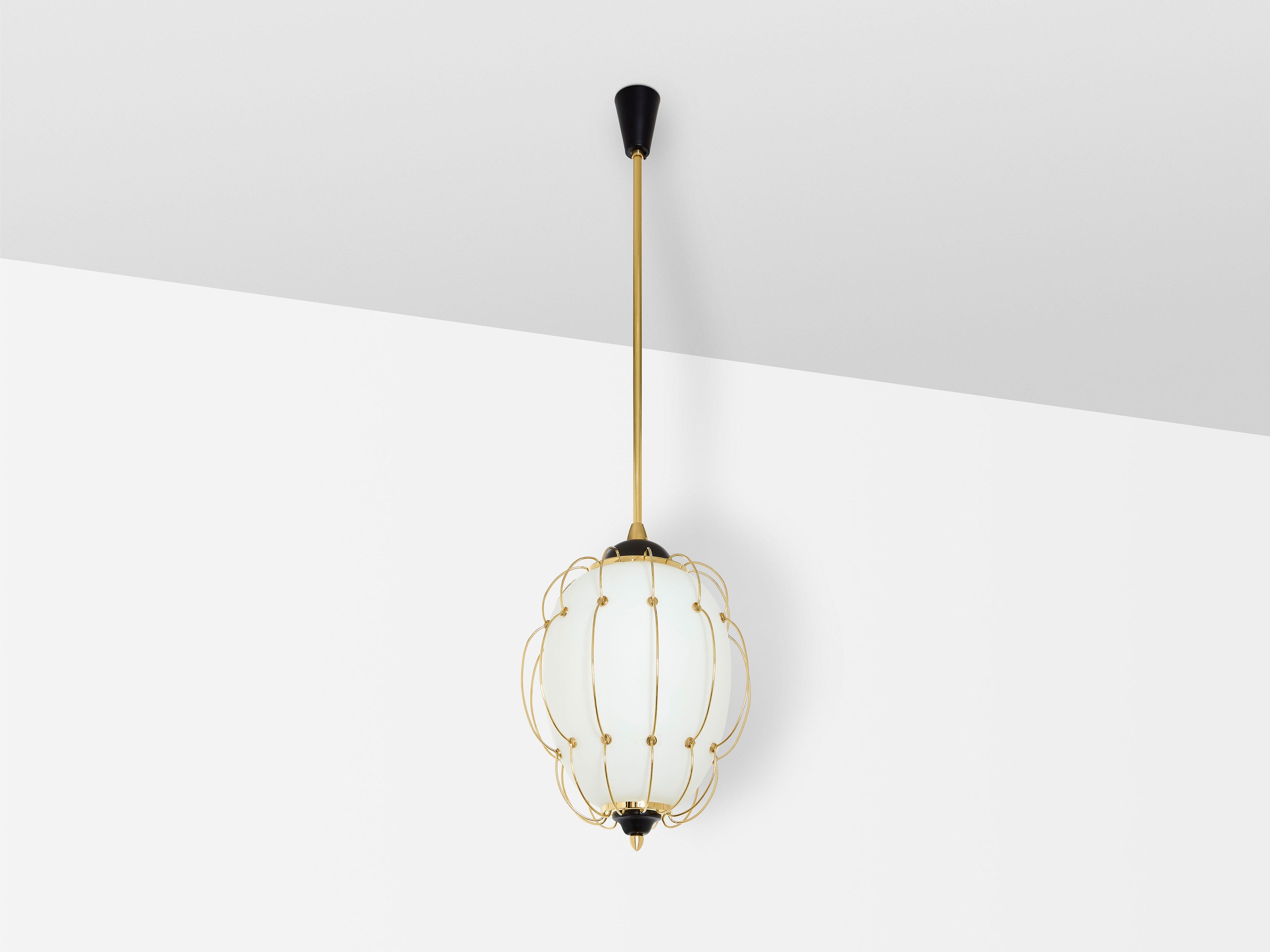 Angelo Lelii for Arredoluce opaline glass brass metal chandelier 1958