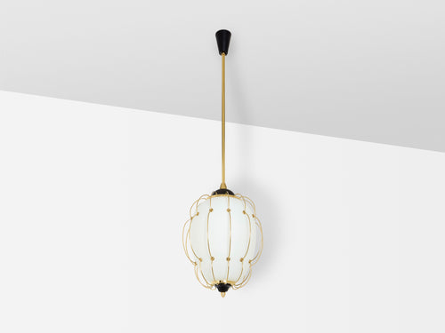 Angelo Lelii for Arredoluce opaline glass brass metal chandelier 1958