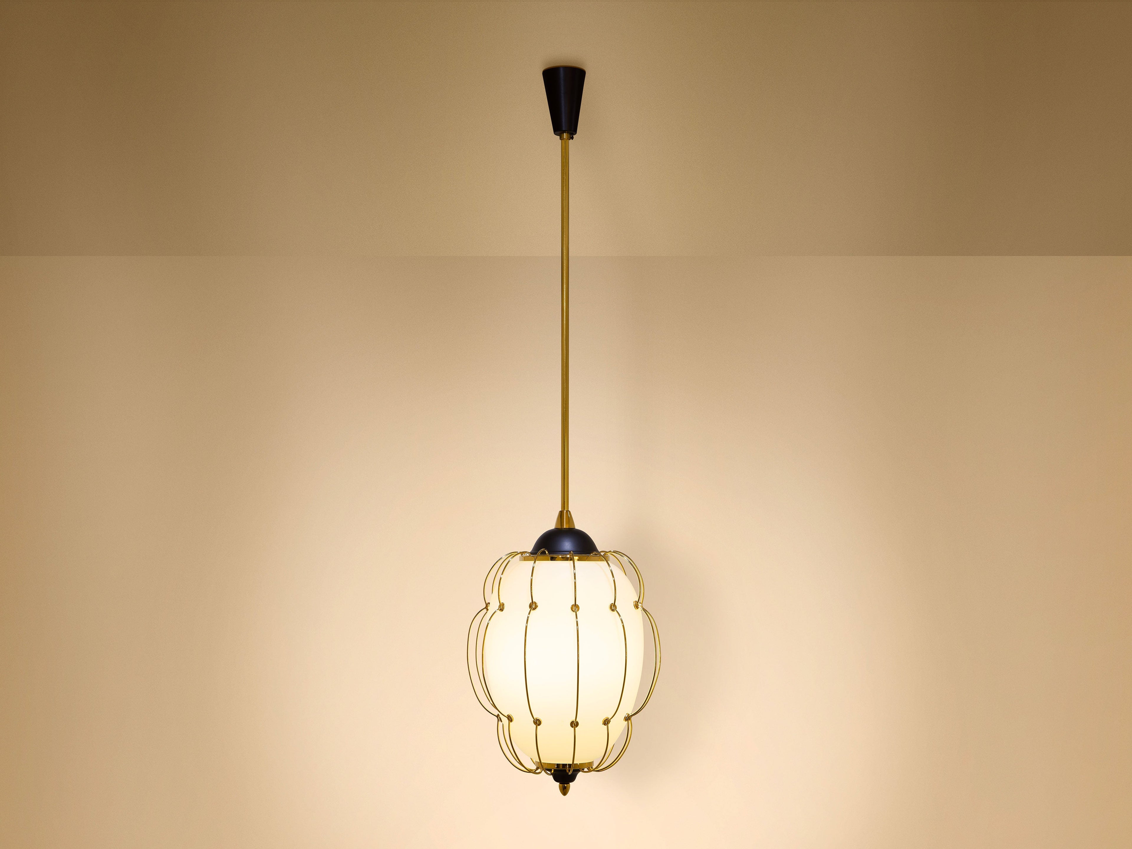 Angelo Lelii for Arredoluce opaline glass brass metal chandelier 1958