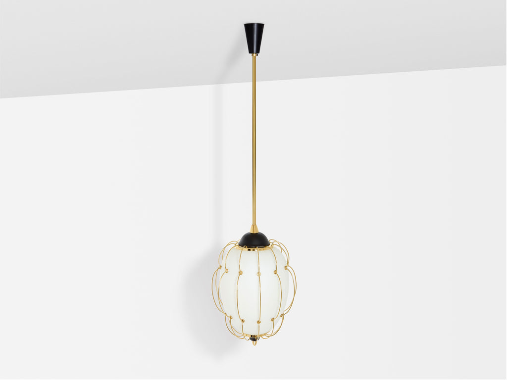 Angelo Lelii for Arredoluce opaline glass brass metal chandelier 1958