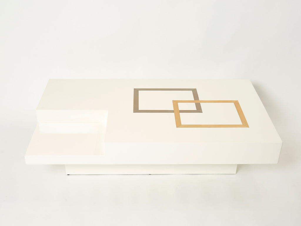 Italian extra large Antonio Pavia white lacquer brass steel coffee table 1970s