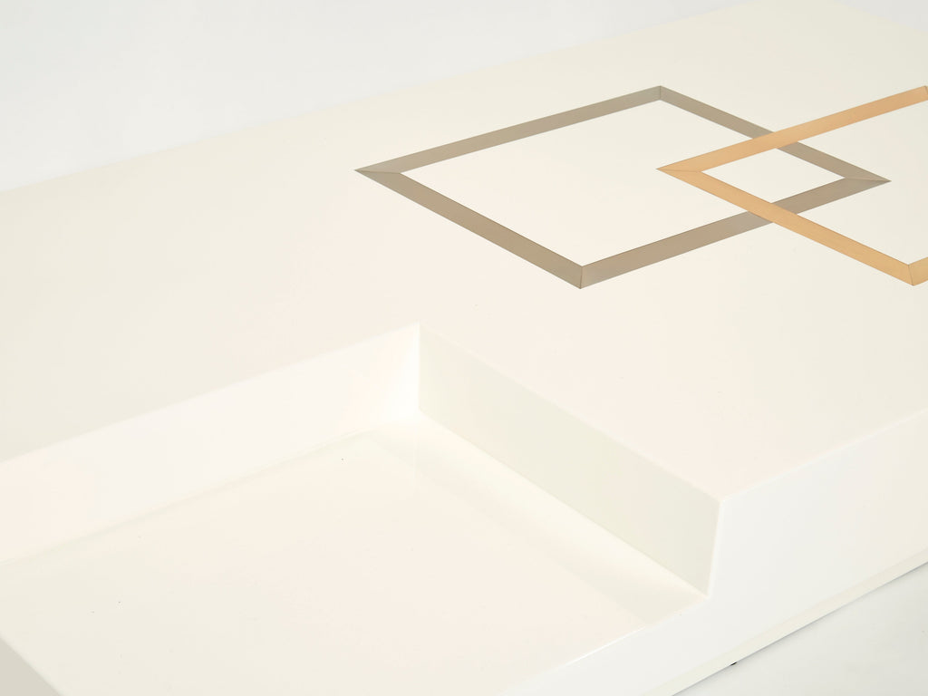 Italian extra large Antonio Pavia white lacquer brass steel coffee table 1970s