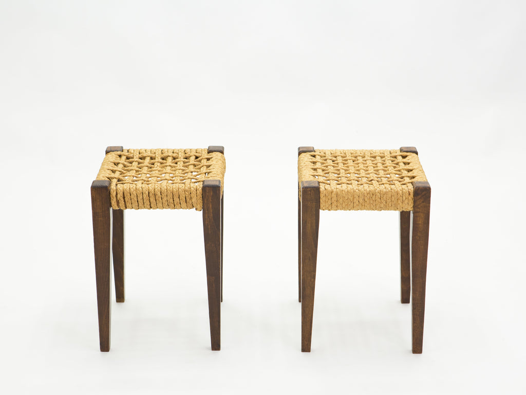 Pair of stools rope and oakwood by Audoux Minet 1950s
