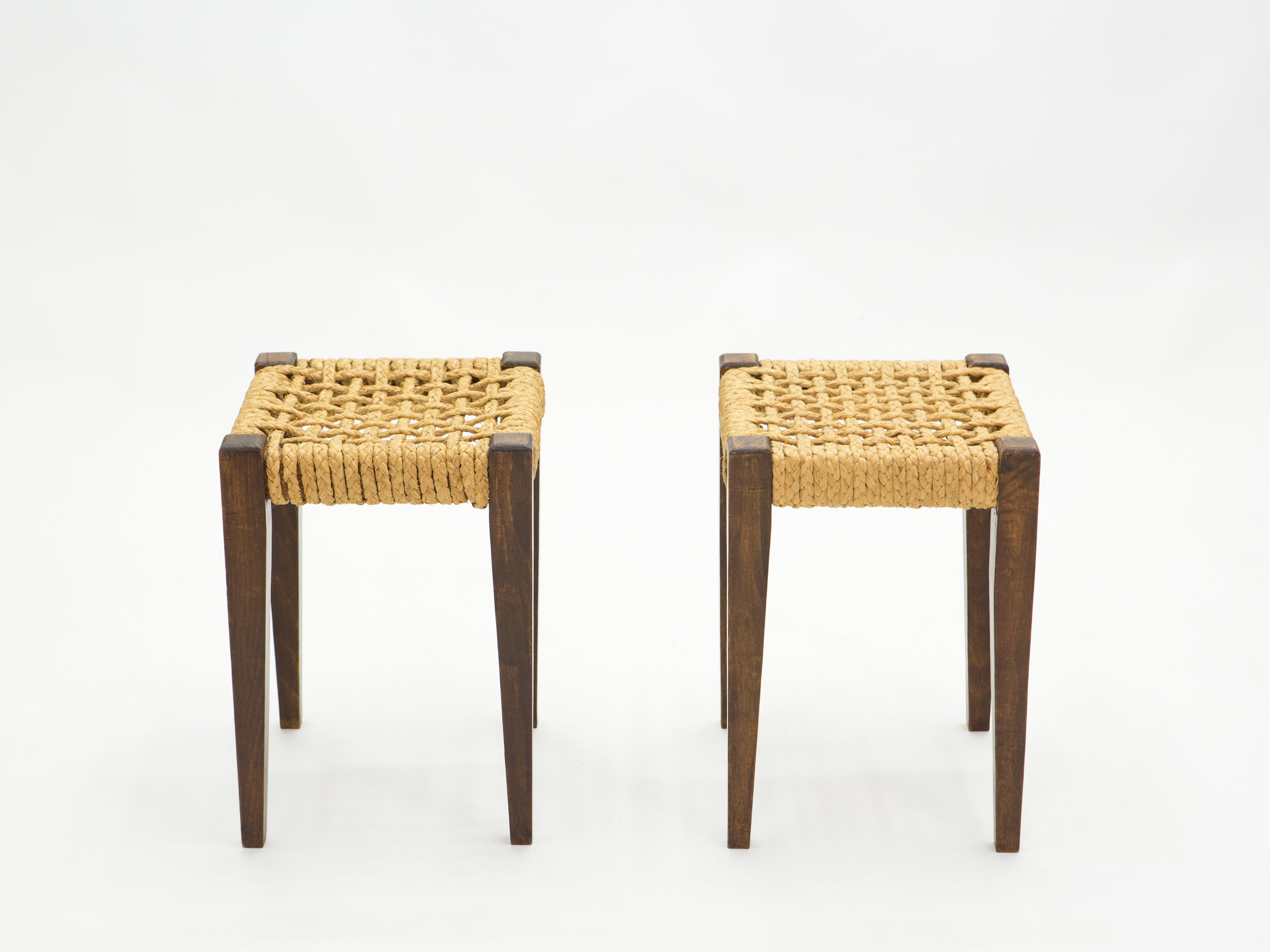 Pair of stools rope and oakwood by Audoux Minet 1950s