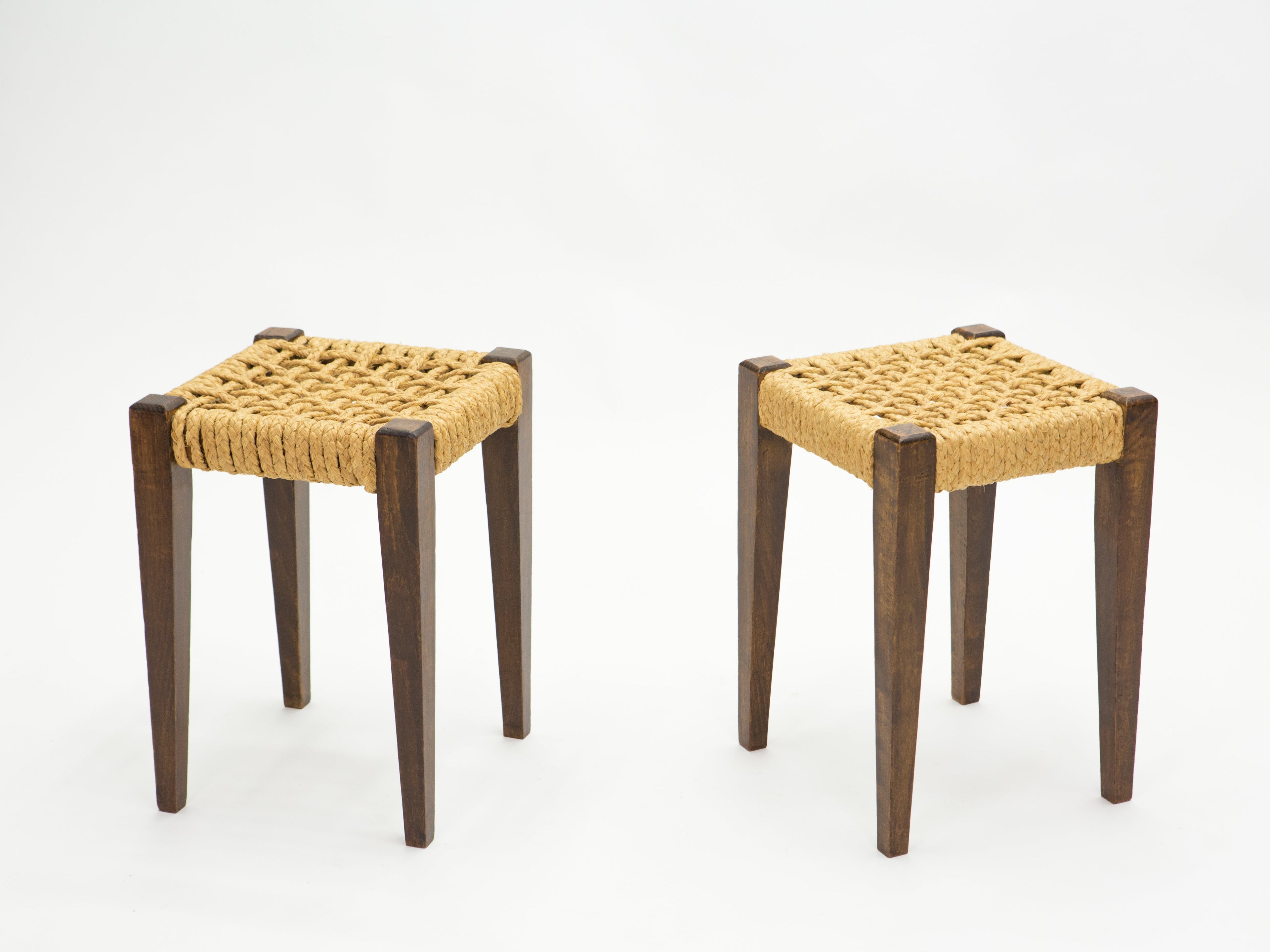 Pair of stools rope and oakwood by Audoux Minet 1950s