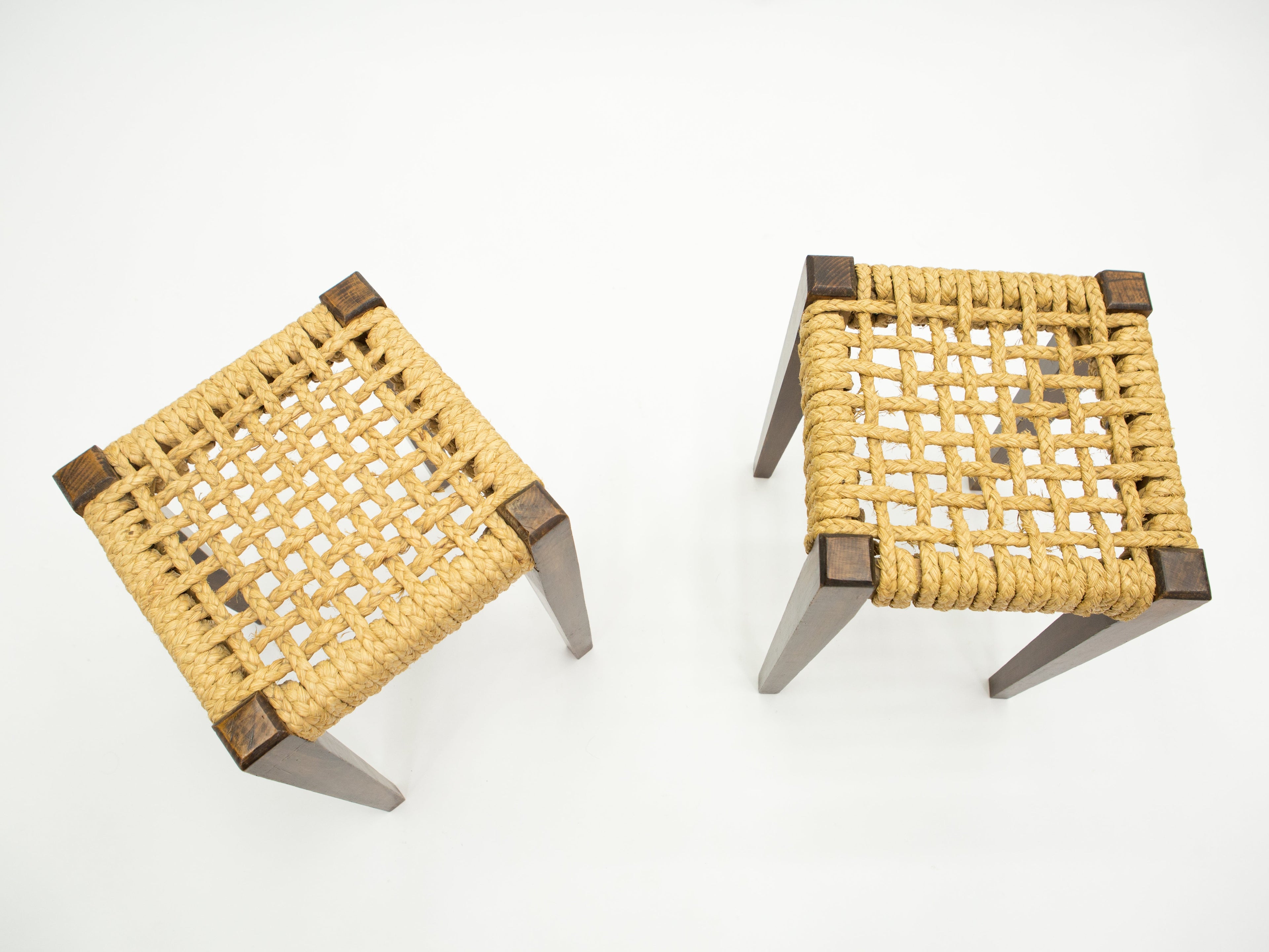 Pair of stools rope and oakwood by Audoux Minet 1950s
