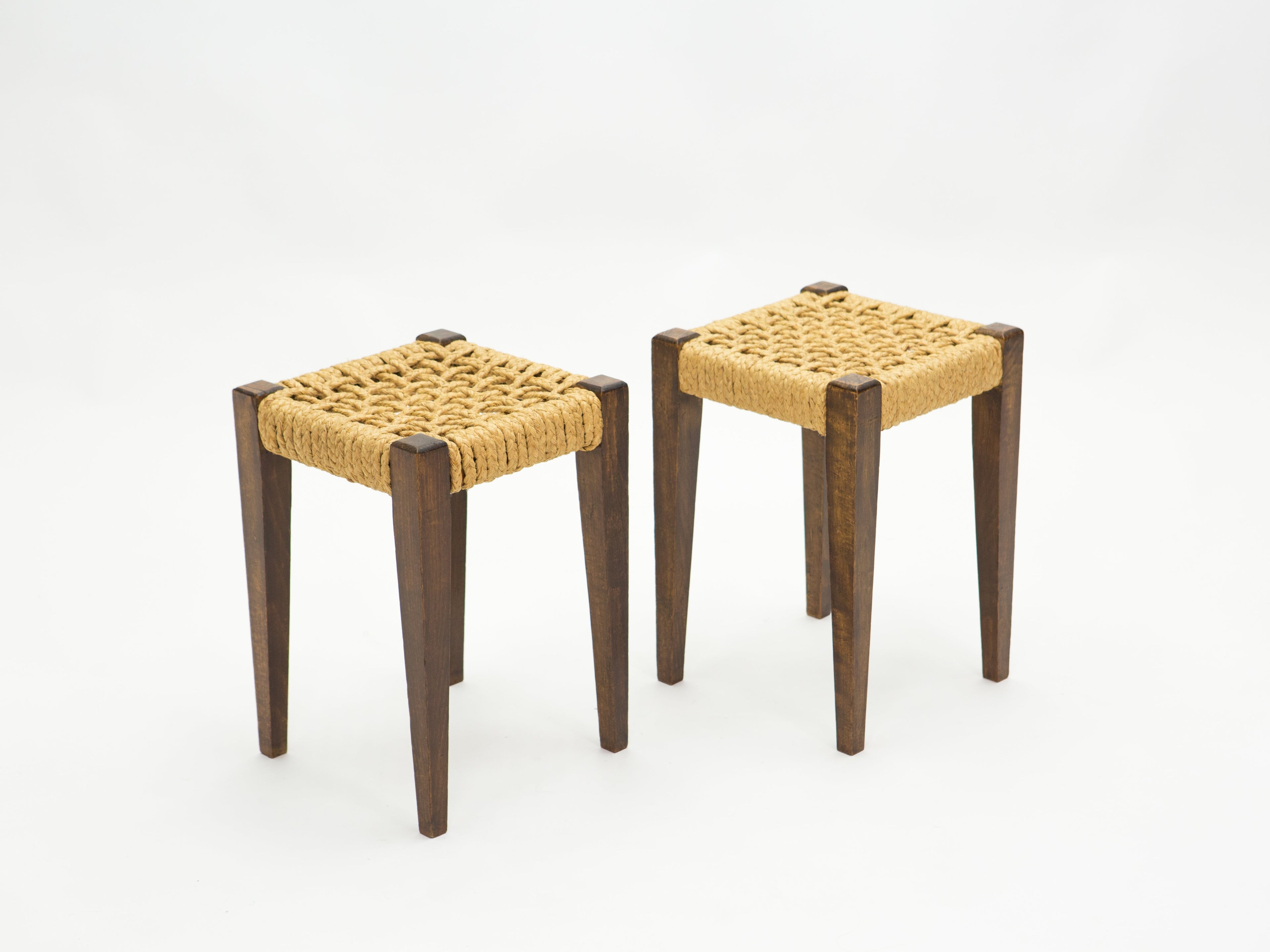 Pair of stools rope and oakwood by Audoux Minet 1950s