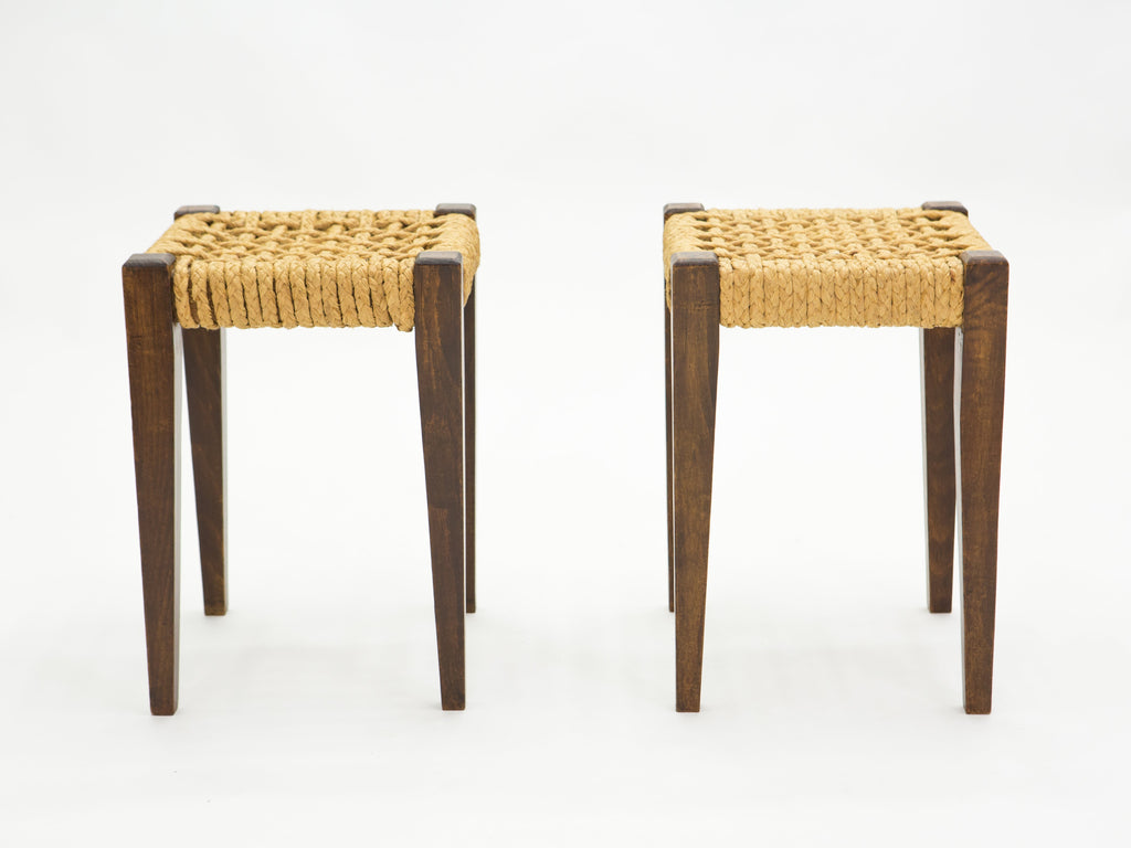 Pair of stools rope and oakwood by Audoux Minet 1950s