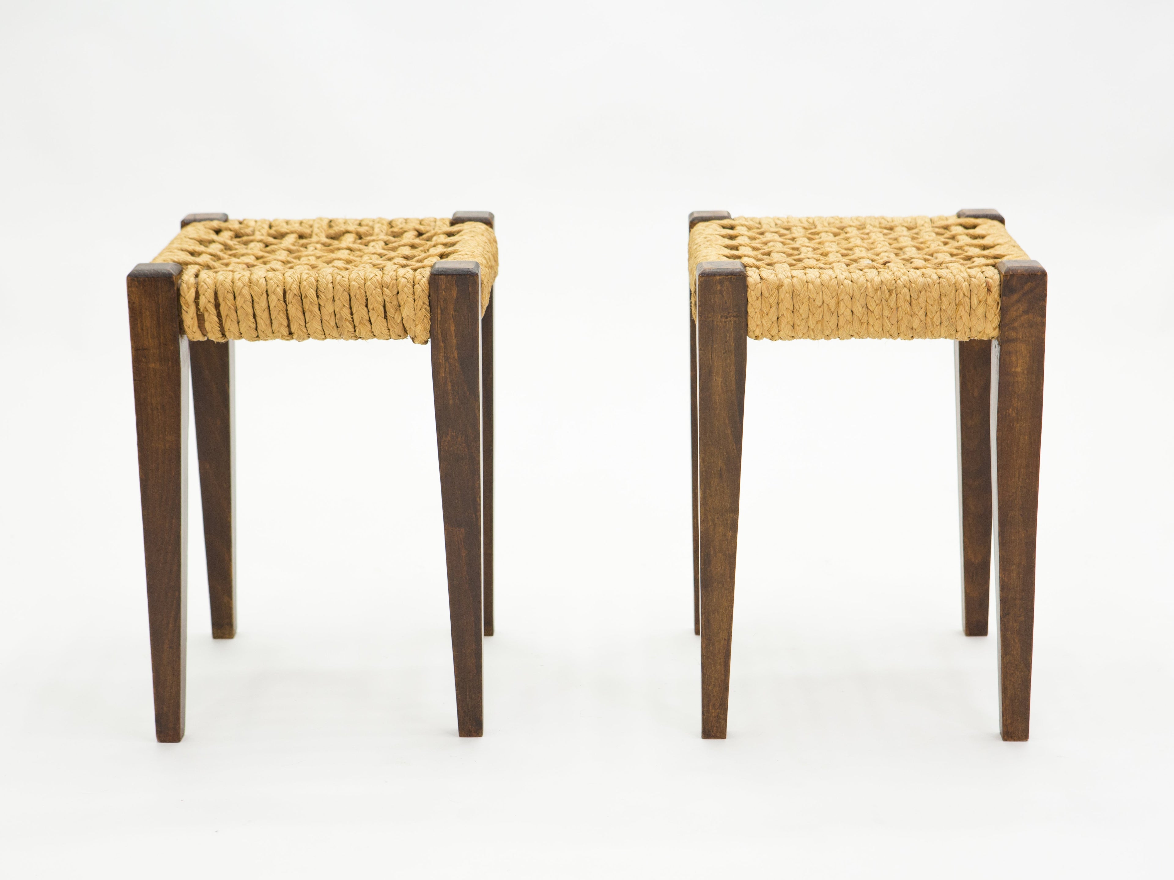 Pair of stools rope and oakwood by Audoux Minet 1950s