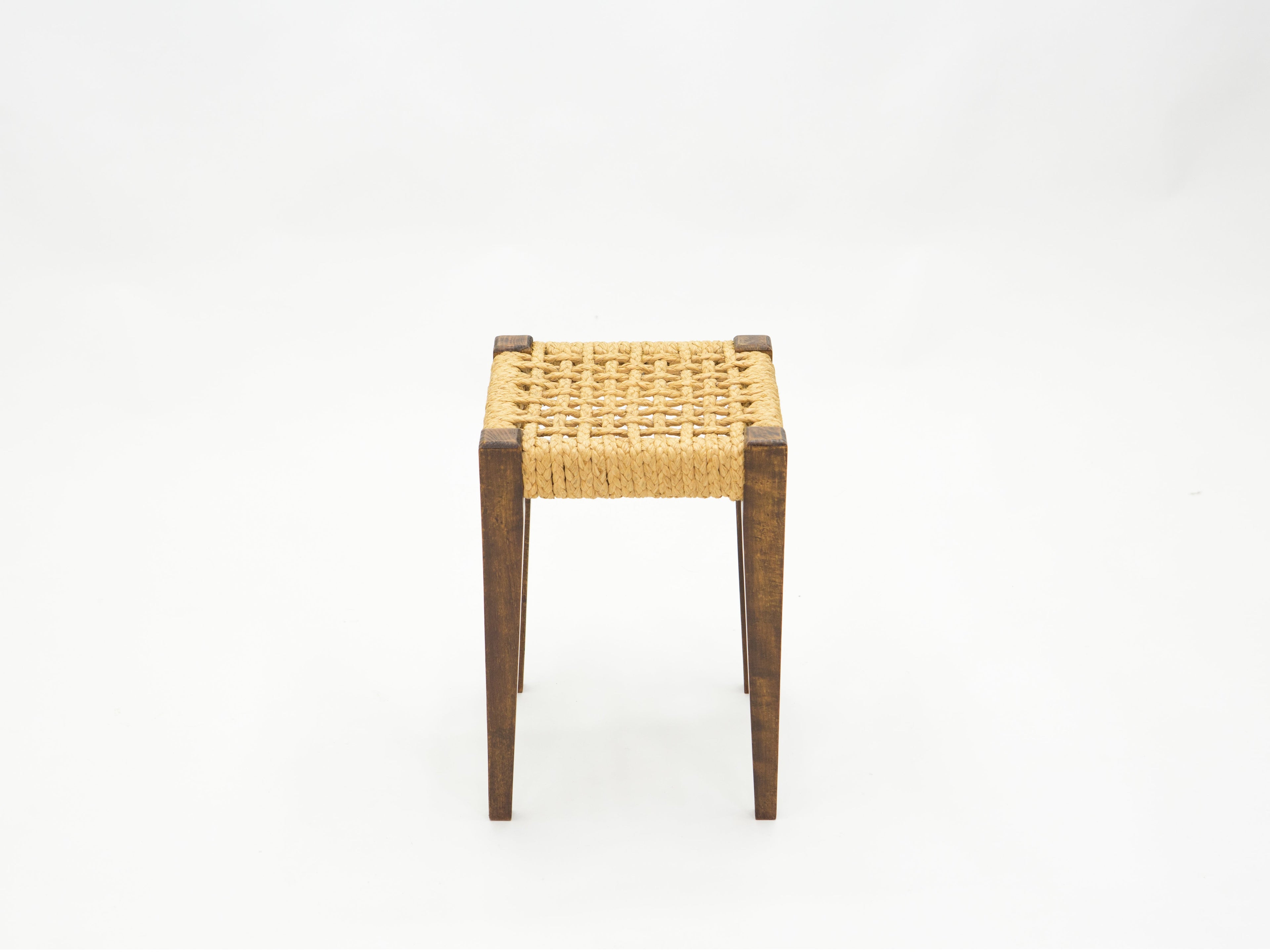 Pair of stools rope and oakwood by Audoux Minet 1950s