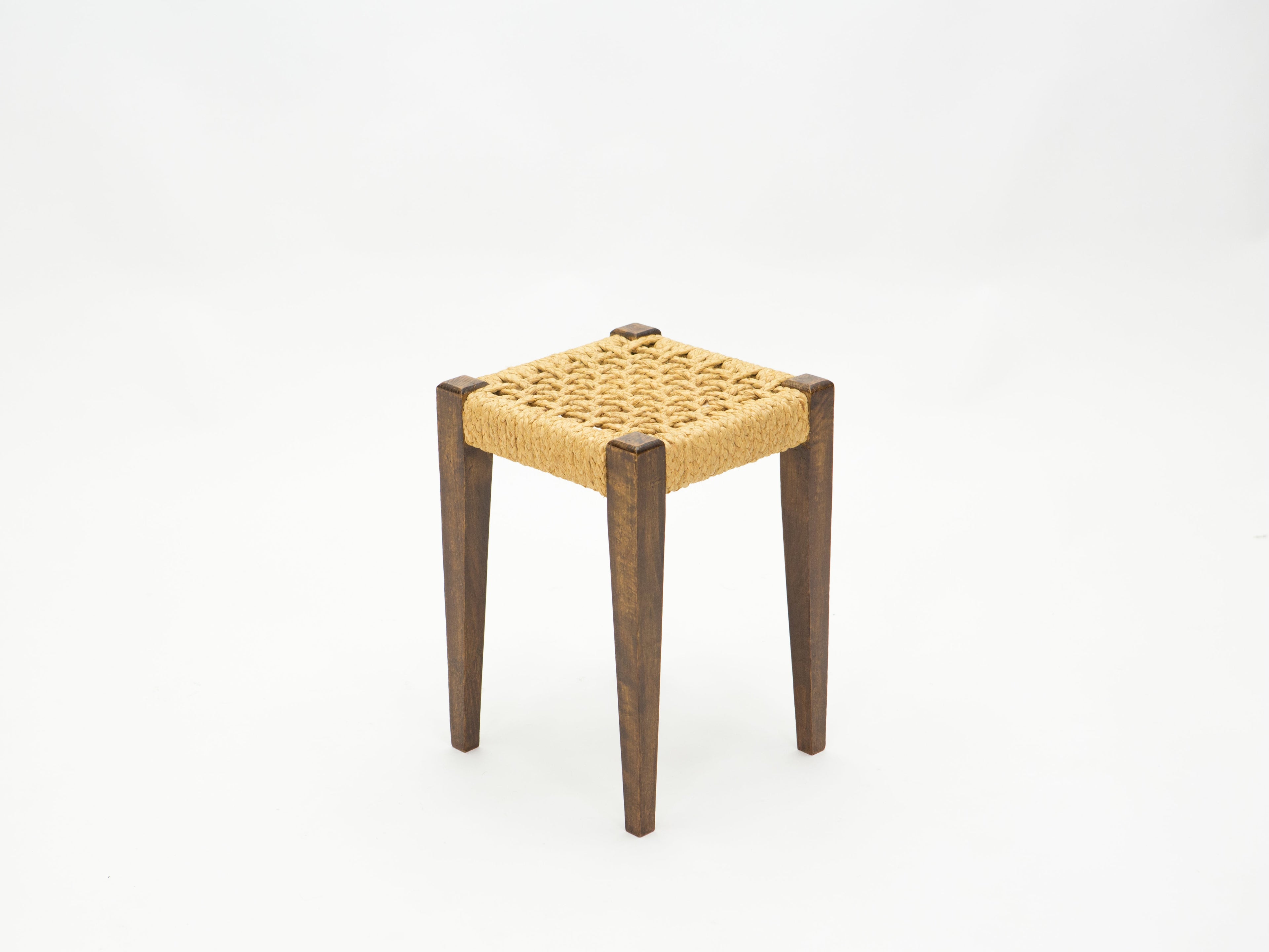 Pair of stools rope and oakwood by Audoux Minet 1950s