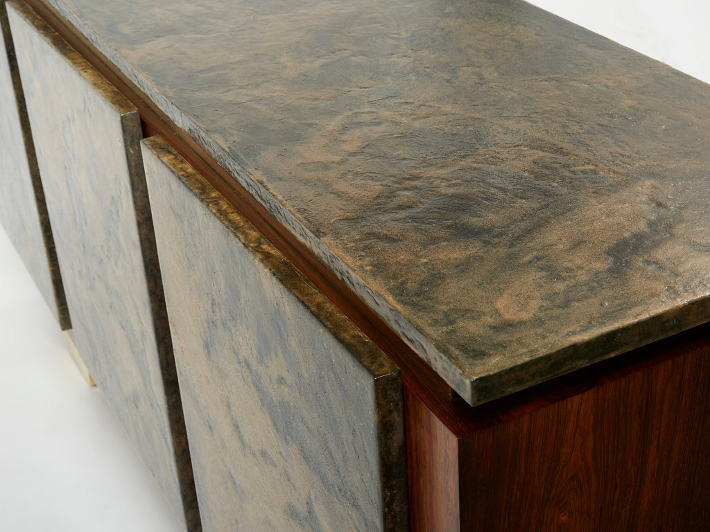 Belgian brutalist rosewood resin and brass sideboard 1970