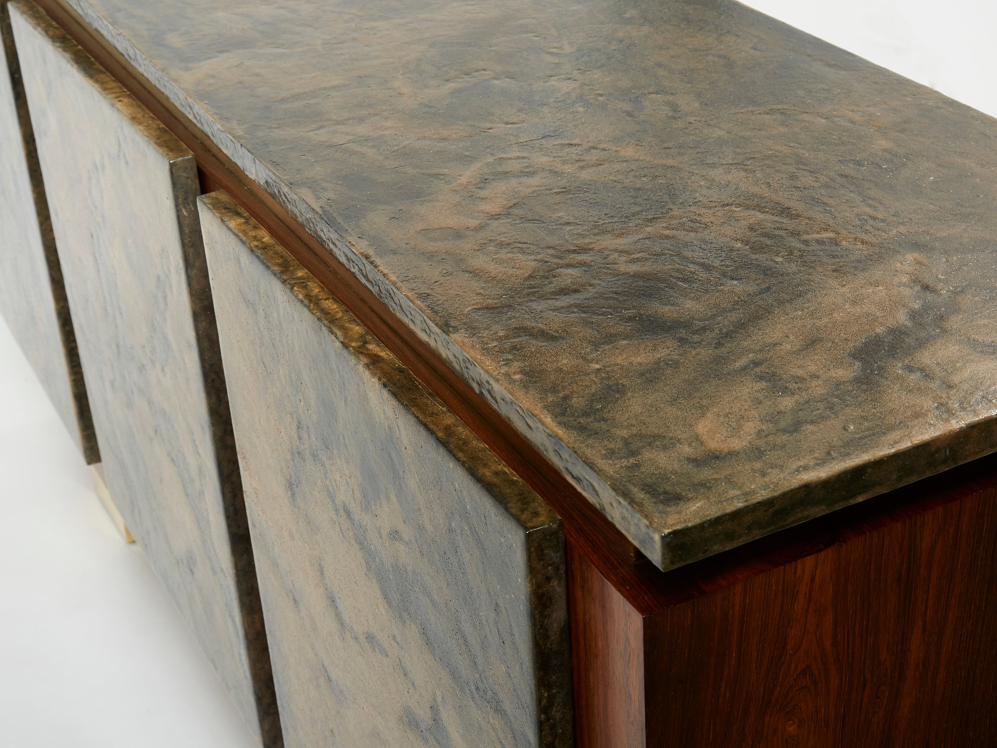 Belgian brutalist rosewood resin and brass sideboard 1970