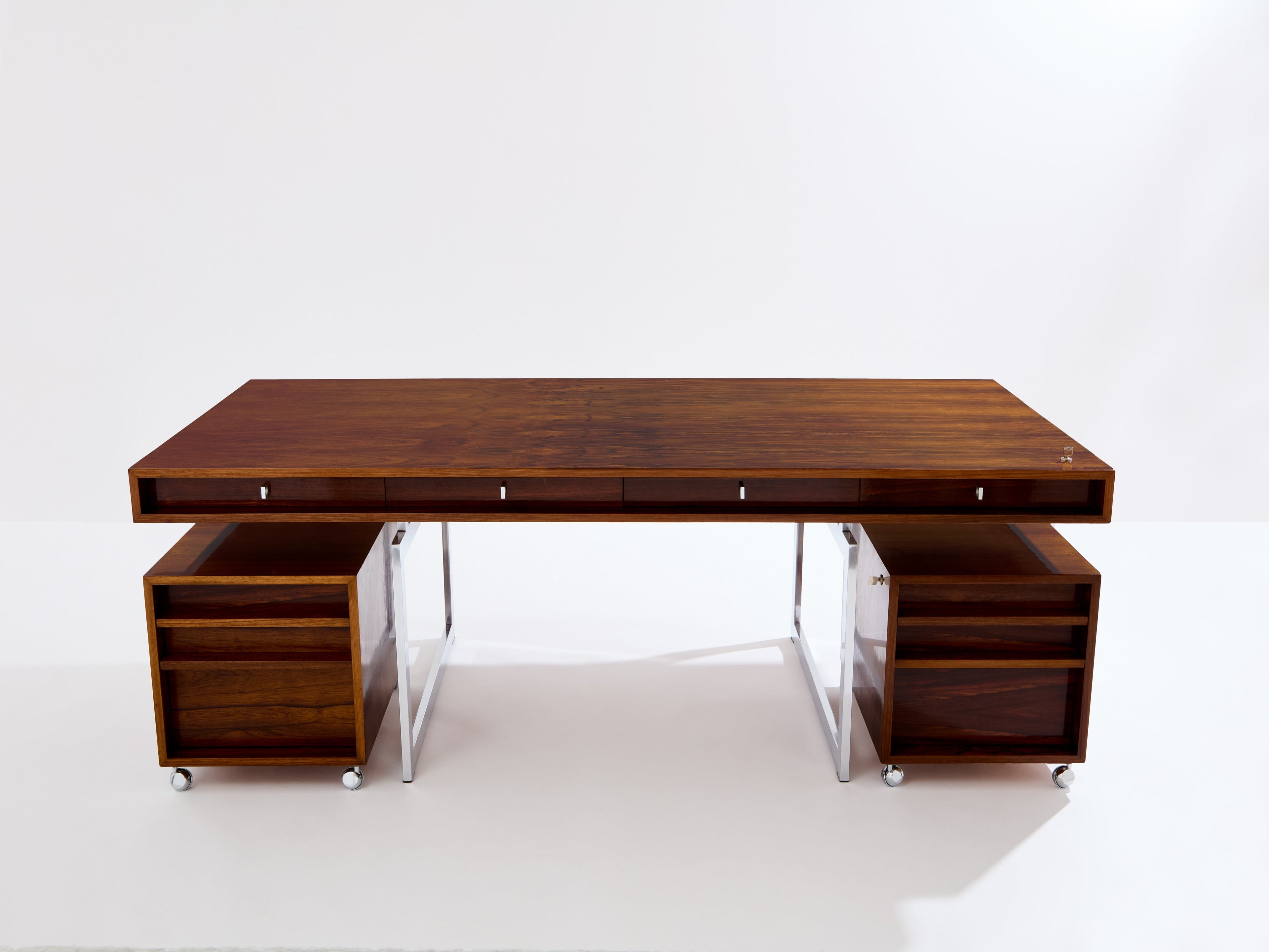 Bodil Kjaer rosewood chrome desk with cabinets Denmark 1960s