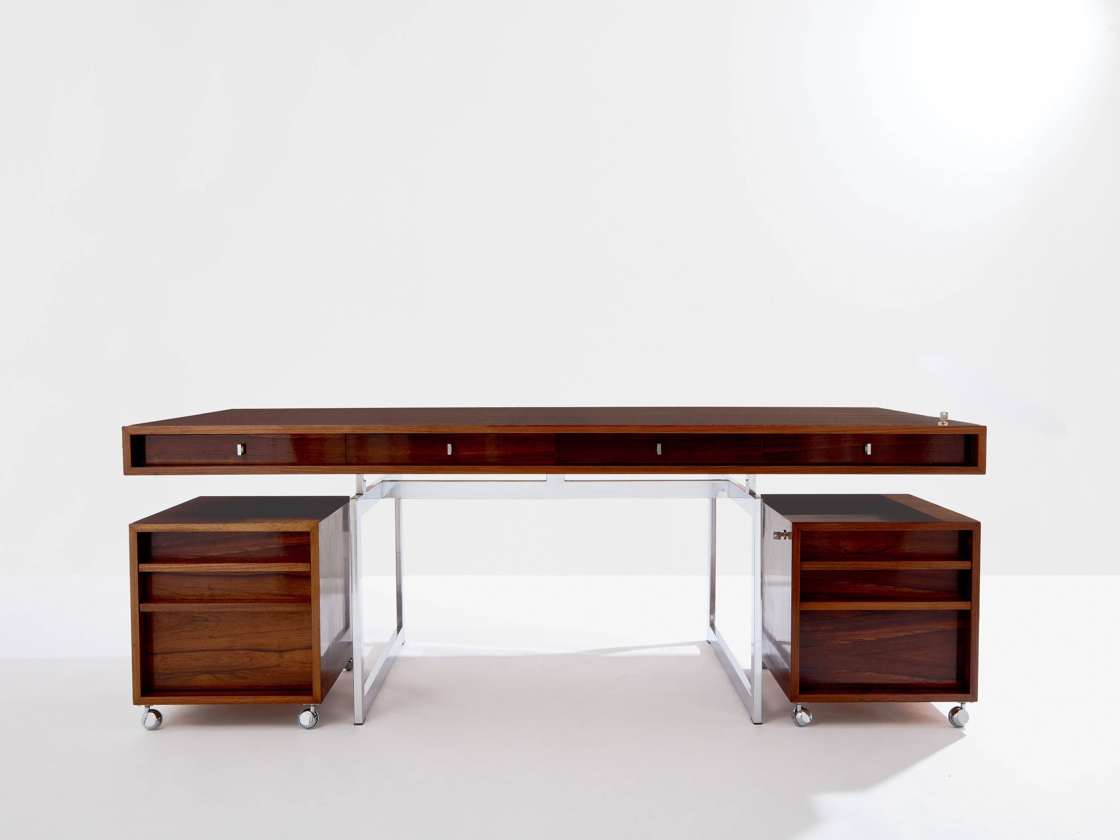Bodil Kjaer rosewood chrome desk with cabinets Denmark 1960s
