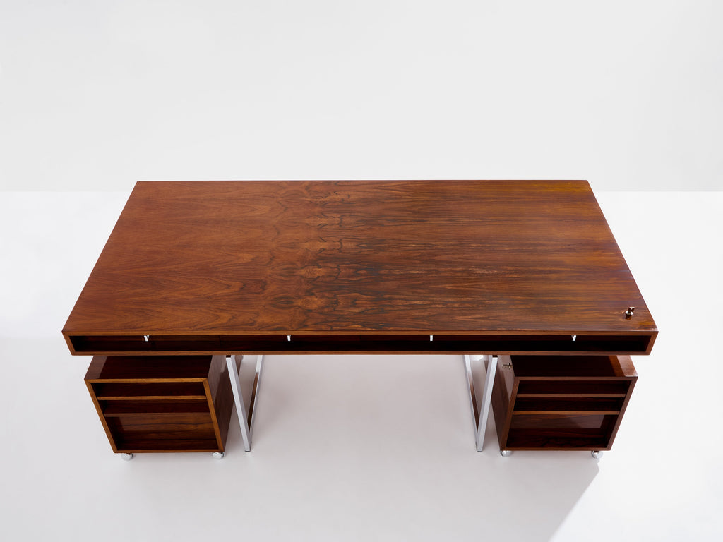 Bodil Kjaer rosewood chrome desk with cabinets Denmark 1960s