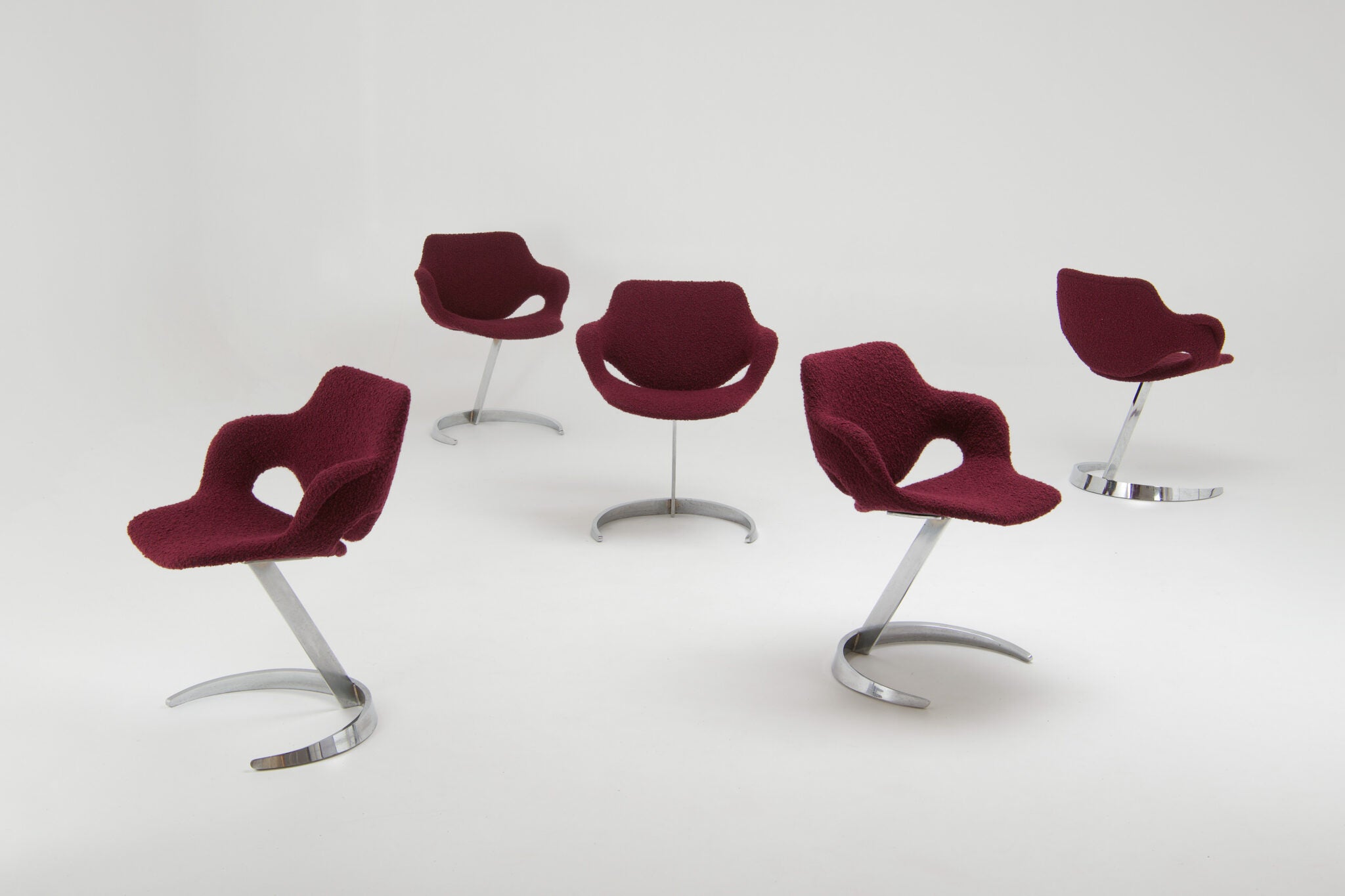 Boris Tabacoff Sculptural “Scimitar” Dining Set in Burgundy Bouclé