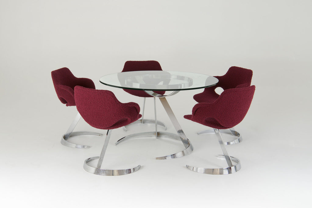 Boris Tabacoff Sculptural “Scimitar” Dining Set in Burgundy Bouclé