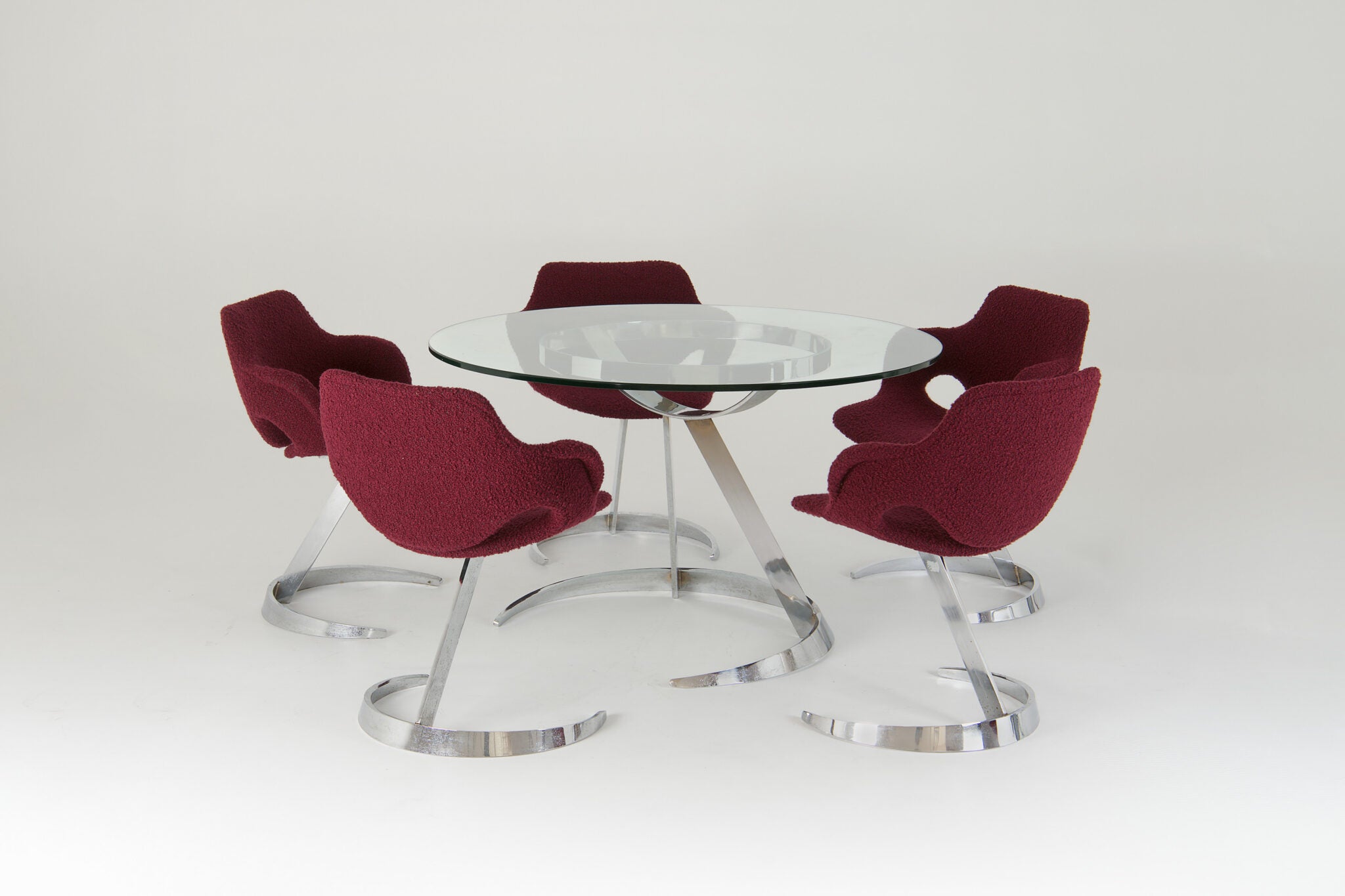 Boris Tabacoff Sculptural “Scimitar” Dining Set in Burgundy Bouclé