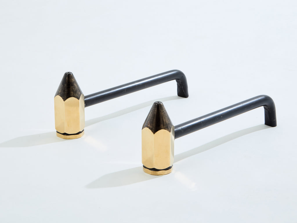 Brass pencil andirons wrought iron 1960s