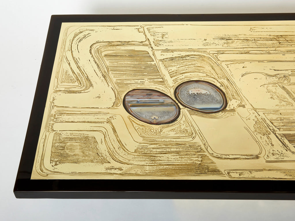 Christian Krekels signed Belgian Etched brass Agate Coffee Table 1979