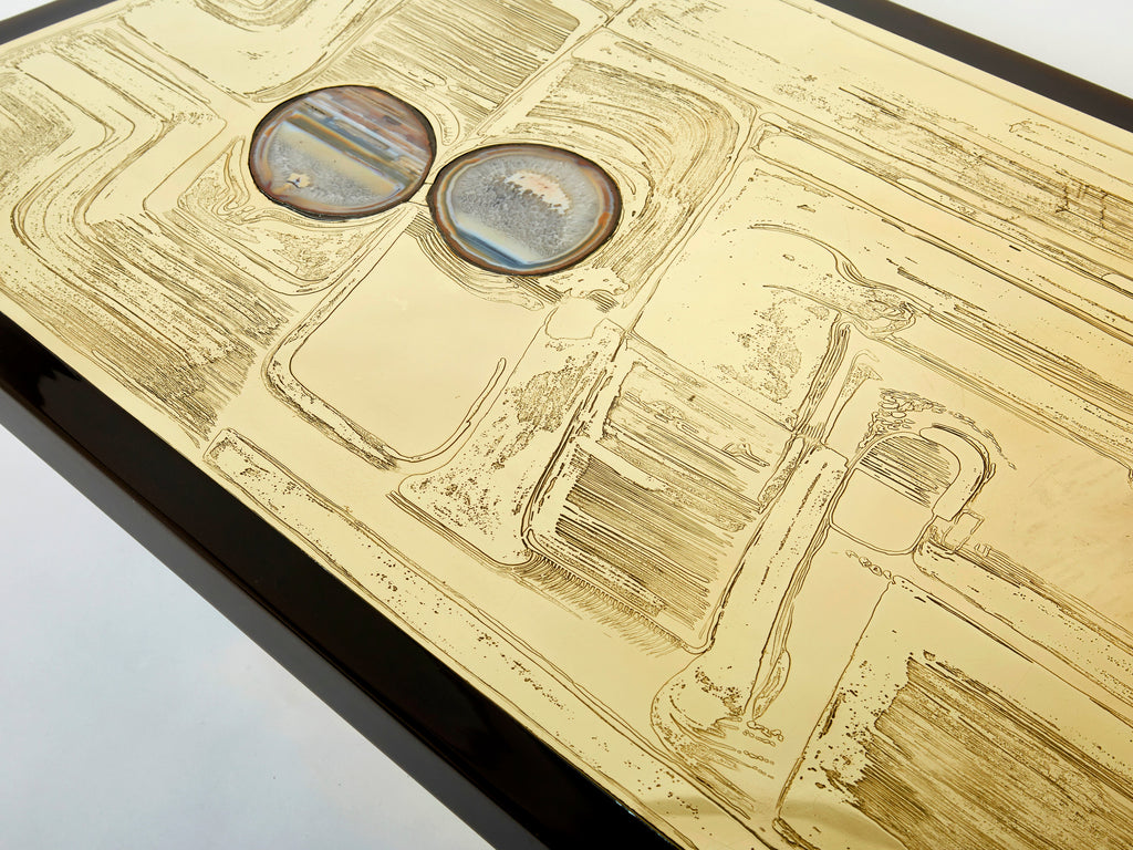 Christian Krekels signed Belgian Etched brass Agate Coffee Table 1979