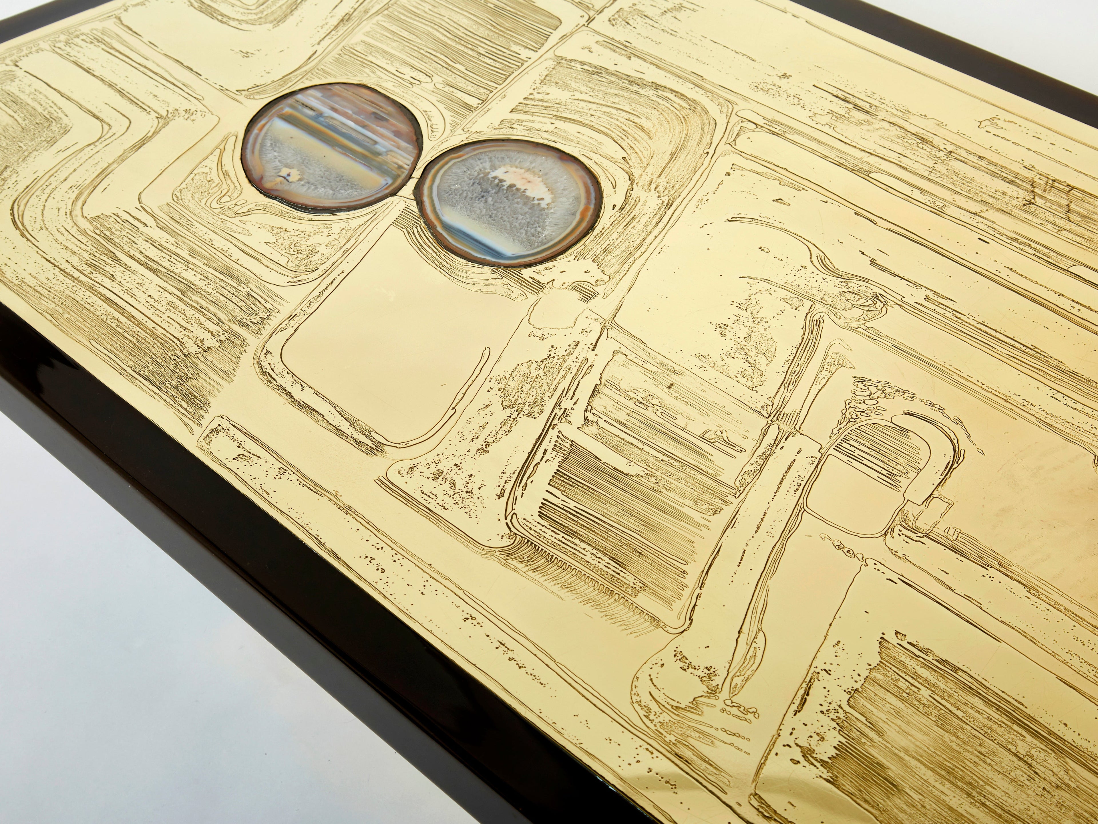 Christian Krekels signed Belgian Etched brass Agate Coffee Table 1979
