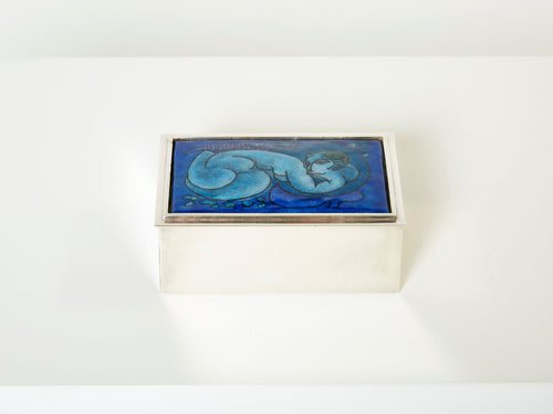 Crevillen Paris silvered and enameled blue ceramic Jewellery Box 1970