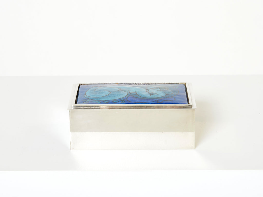 Crevillen Paris silvered and enameled blue ceramic Jewellery Box 1970