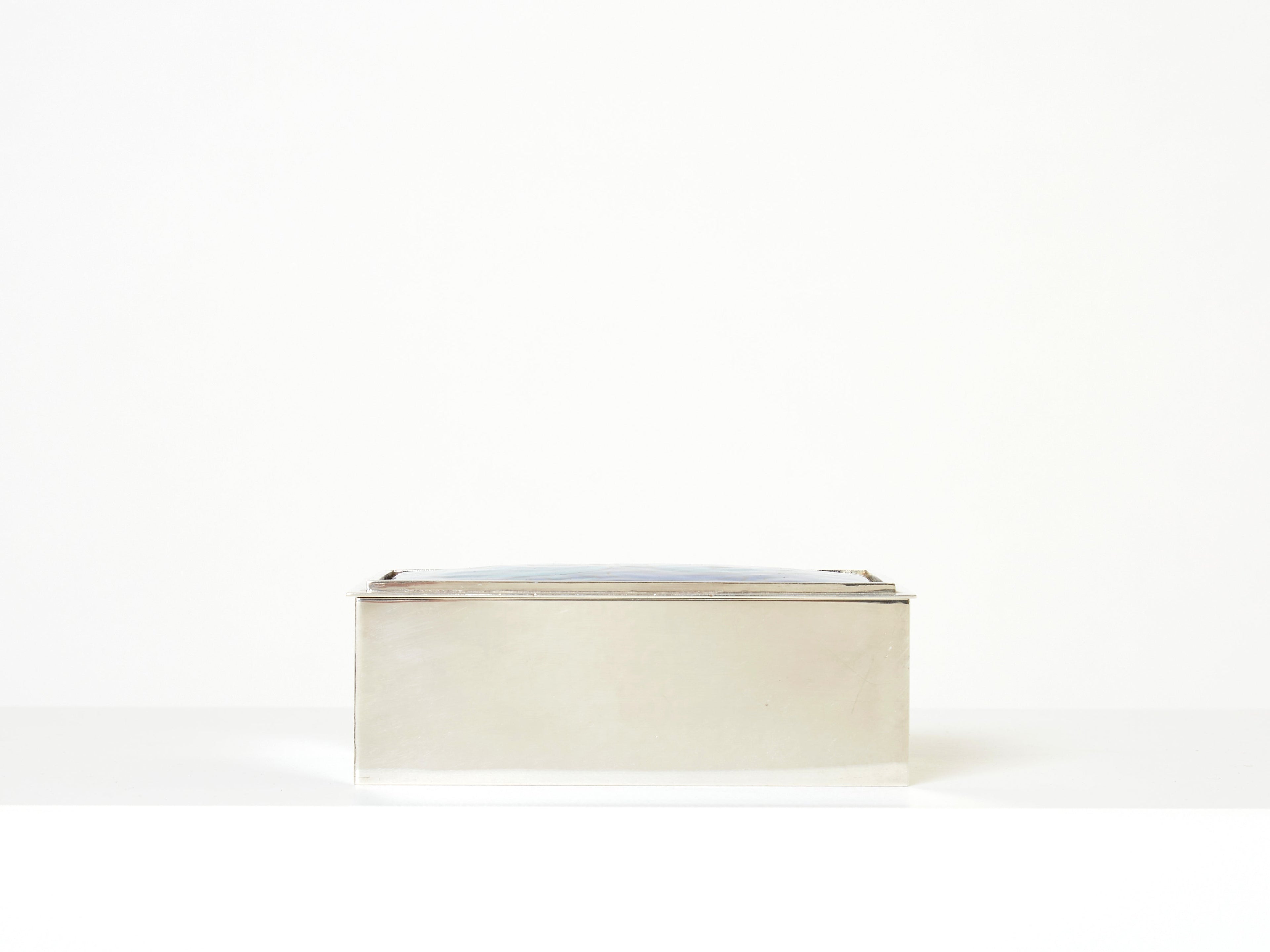 Crevillen Paris silvered and enameled blue ceramic Jewellery Box 1970