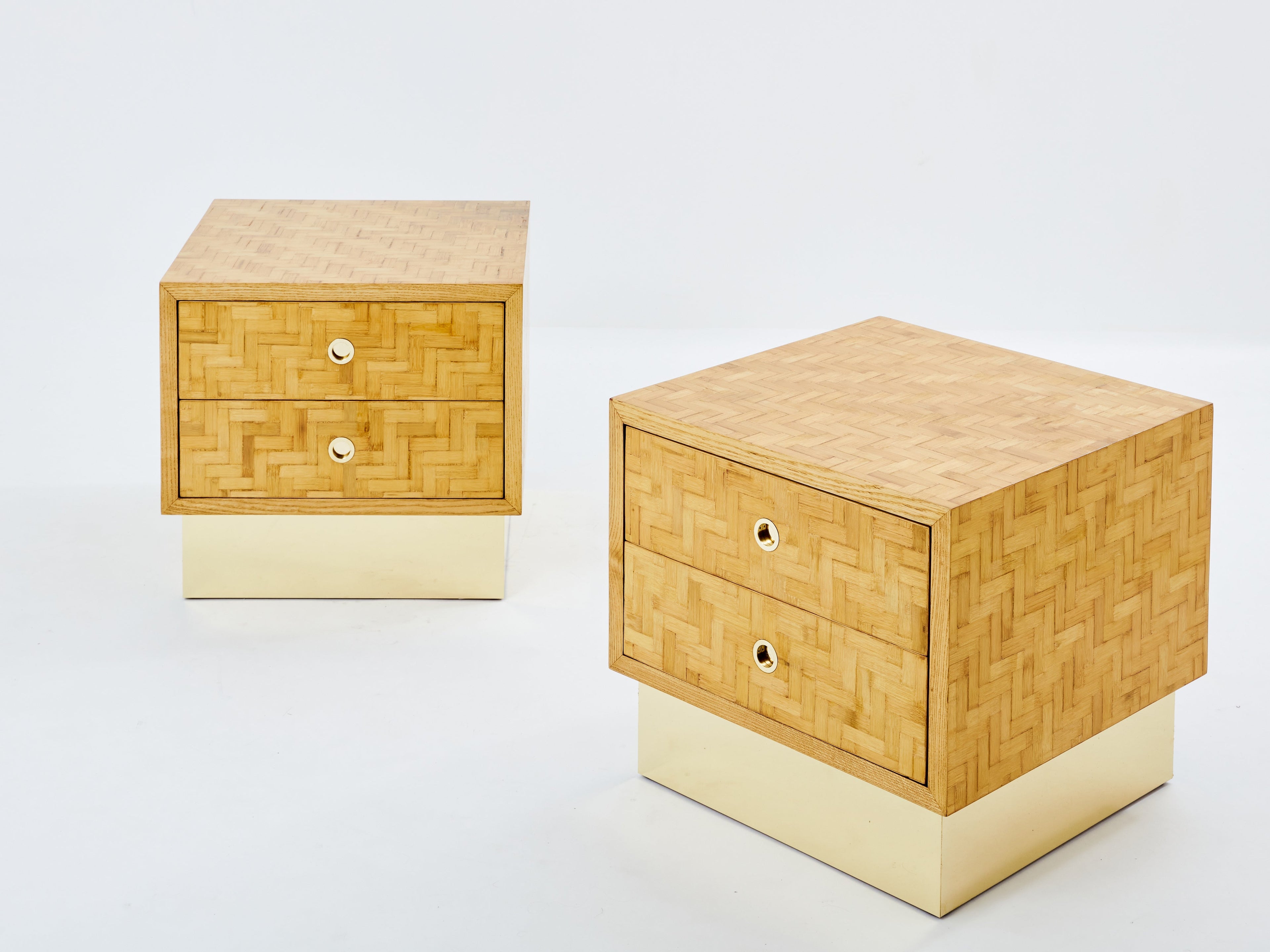 Italian Dal Vera bamboo marquetry and brass bedside tables 1970s