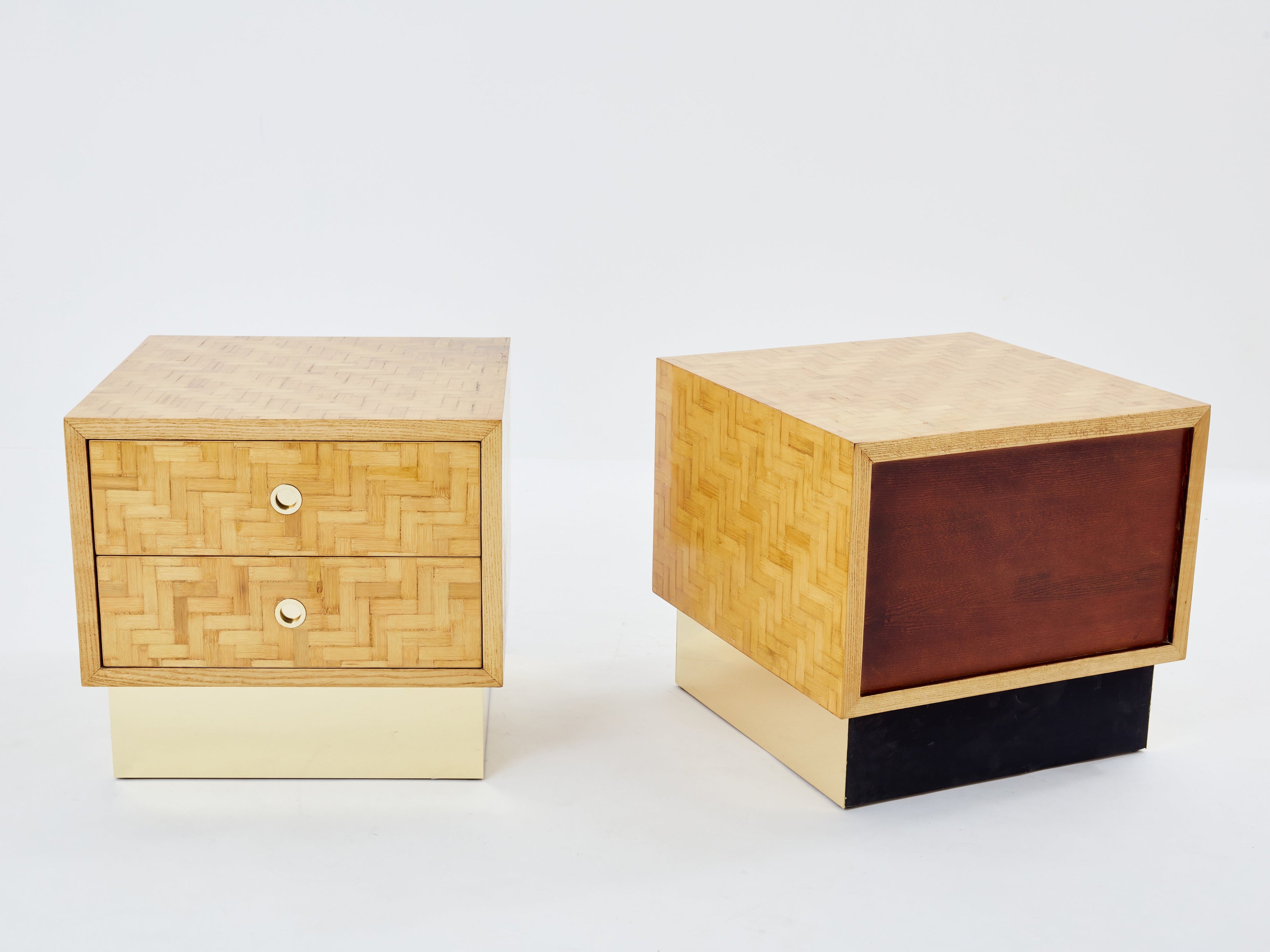 Italian Dal Vera bamboo marquetry and brass bedside tables 1970s