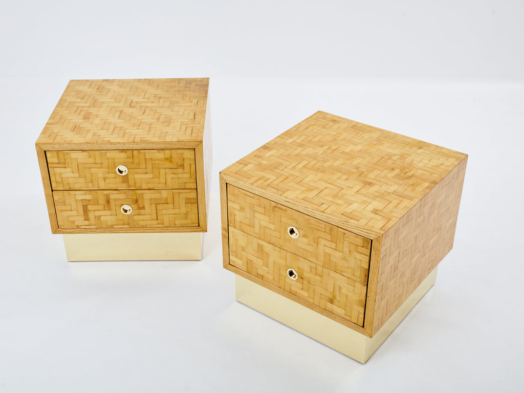 Italian Dal Vera bamboo marquetry and brass bedside tables 1970s