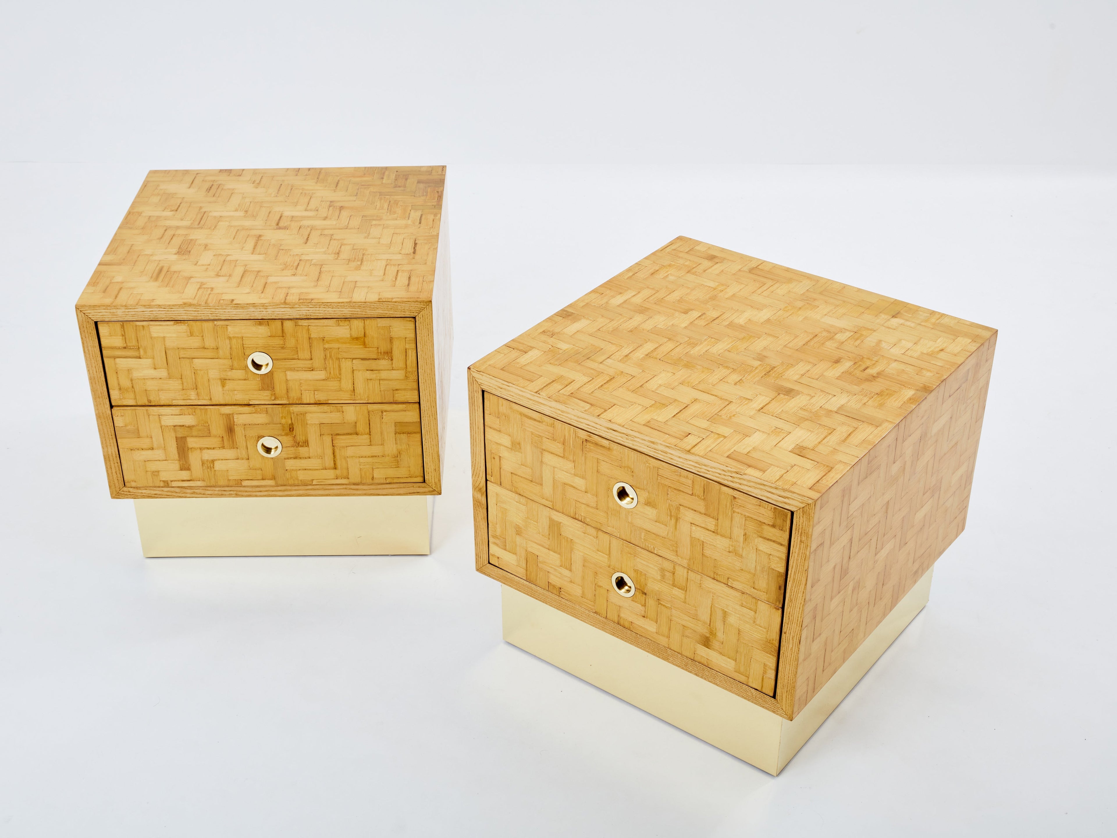 Italian Dal Vera bamboo marquetry and brass bedside tables 1970s