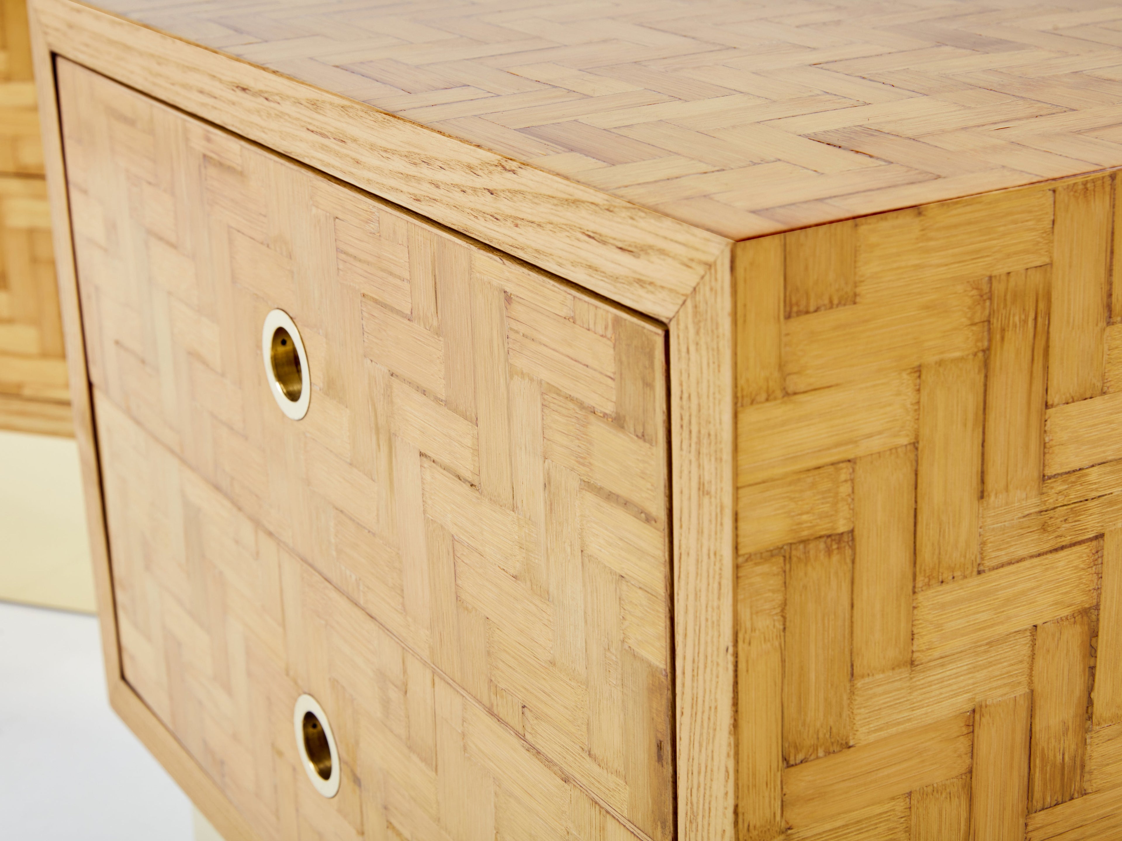 Italian Dal Vera bamboo marquetry and brass bedside tables 1970s
