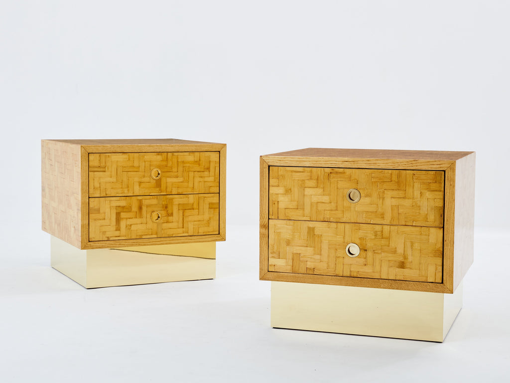 Italian Dal Vera bamboo marquetry and brass bedside tables 1970s